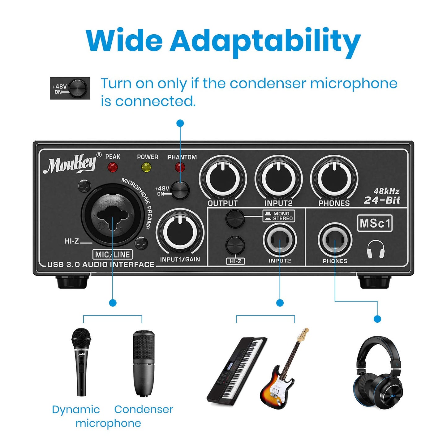 Moukey USB 3.0 Audio Interface, Microphone Preamps with 48V Phantom Power, 24 Bit, Support Smartphone, Tablet, Computer and Other Equipment Recording - MSc1