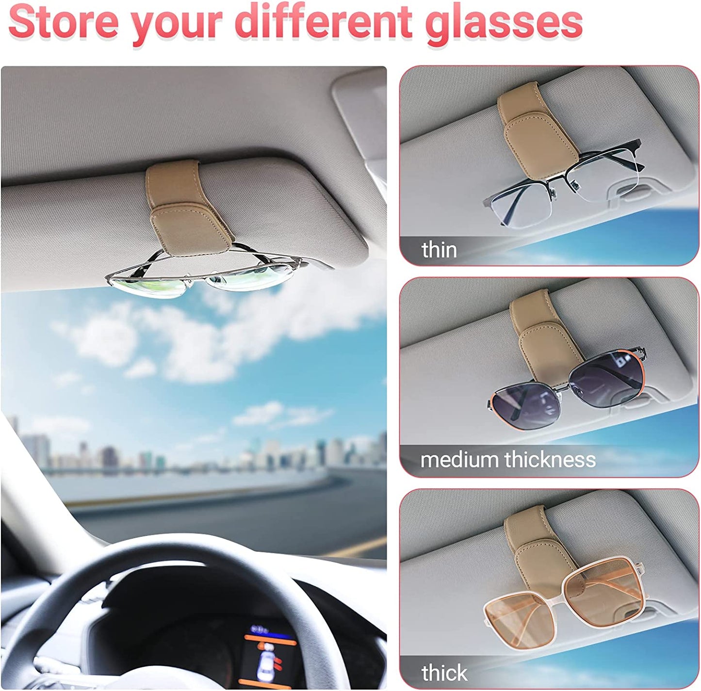 Sunglass Holder for Car Visor Sunglasses Clip Magnetic Leather Glasses Eyeglass Holder Truck Car Interior Accessories Universal for Woman Man -Black