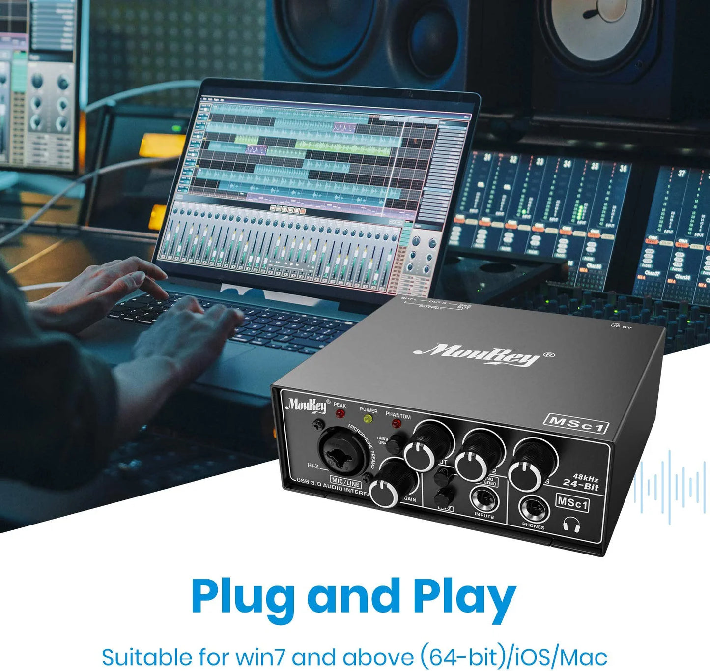 Moukey USB 3.0 Audio Interface, Microphone Preamps with 48V Phantom Power, 24 Bit, Support Smartphone, Tablet, Computer and Other Equipment Recording - MSc1