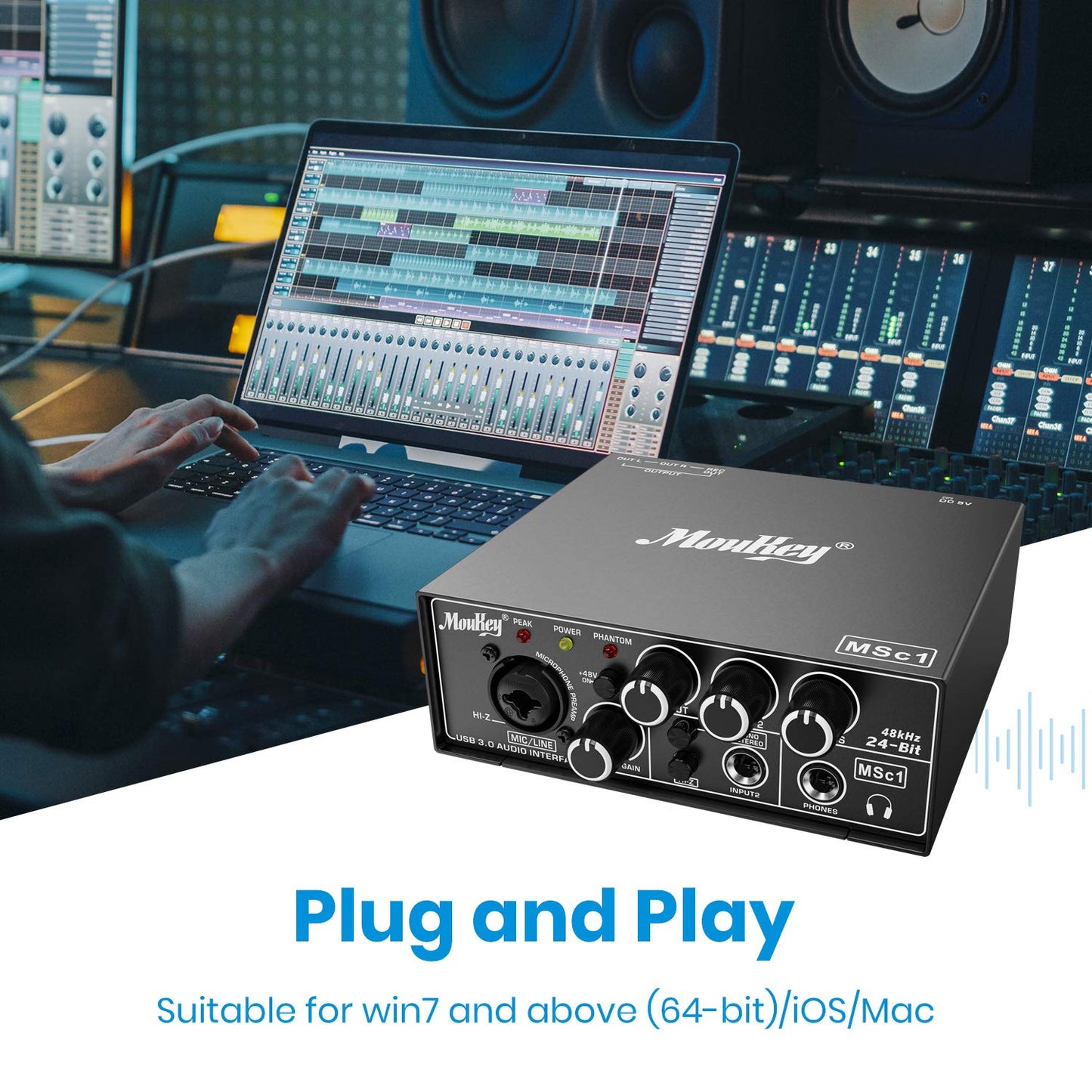 Moukey USB 3.0 Audio Interface, Microphone Preamps with 48V Phantom Power, 24 Bit, Support Smartphone, Tablet, Computer and Other Equipment Recording - MSc1