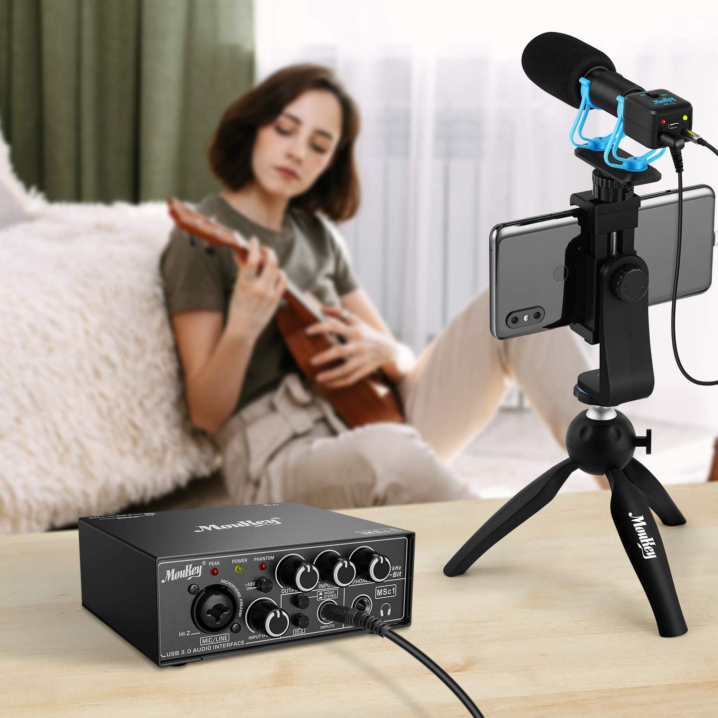 Moukey USB 3.0 Audio Interface, Microphone Preamps with 48V Phantom Power, 24 Bit, Support Smartphone, Tablet, Computer and Other Equipment Recording - MSc1