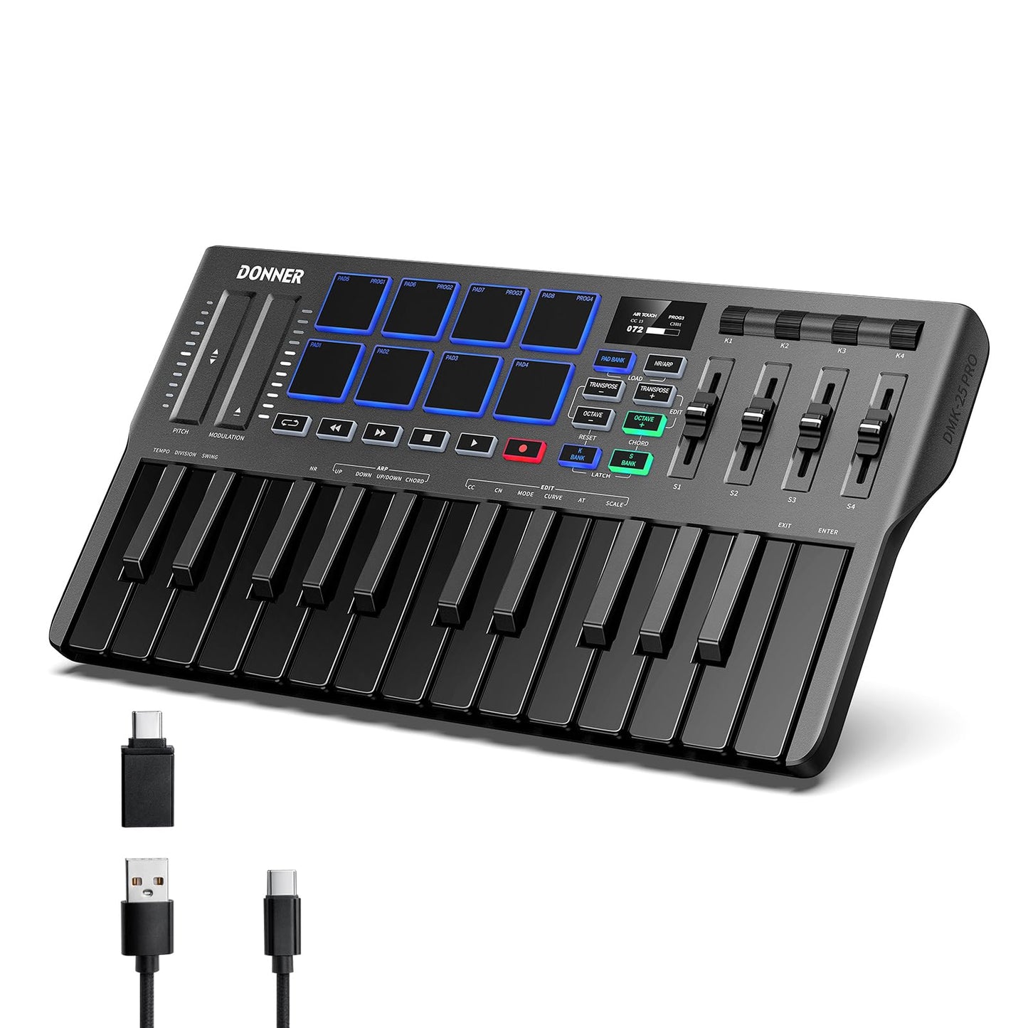 Donner DMK25 Pro MIDI Keyboard Controller, 25 Mini Key Portable USB-C MIDI Keyboard with 8 Drum Pads, OLED Display, Personalized Touch Bar, Music Production Software and 40 Free Courses