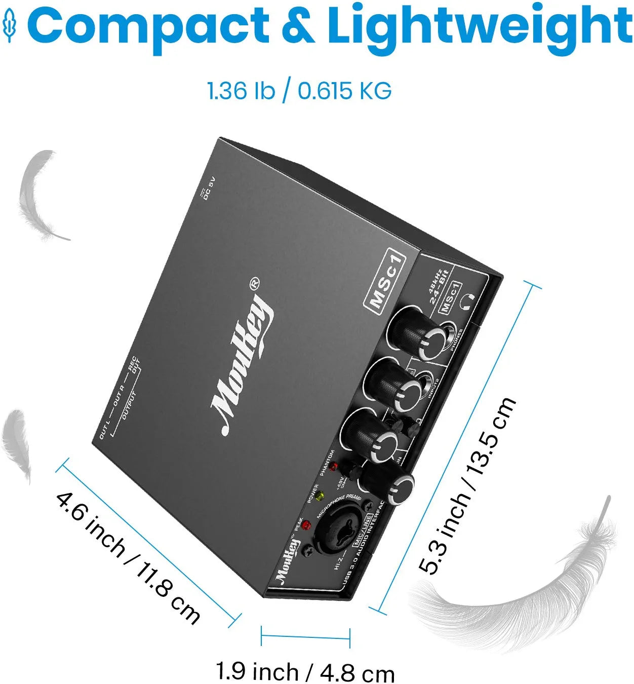 Moukey USB 3.0 Audio Interface, Microphone Preamps with 48V Phantom Power, 24 Bit, Support Smartphone, Tablet, Computer and Other Equipment Recording - MSc1