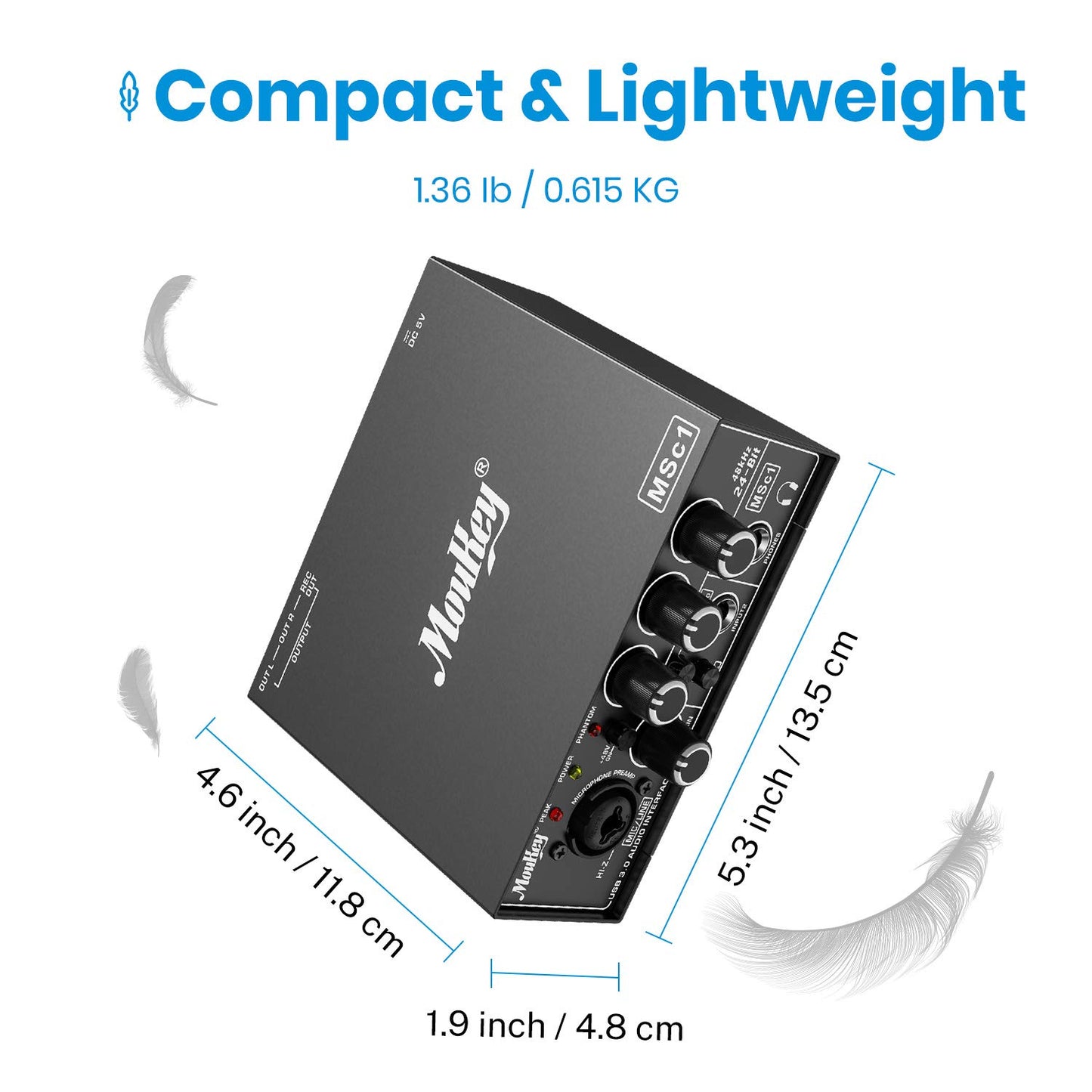 Moukey USB 3.0 Audio Interface, Microphone Preamps with 48V Phantom Power, 24 Bit, Support Smartphone, Tablet, Computer and Other Equipment Recording - MSc1