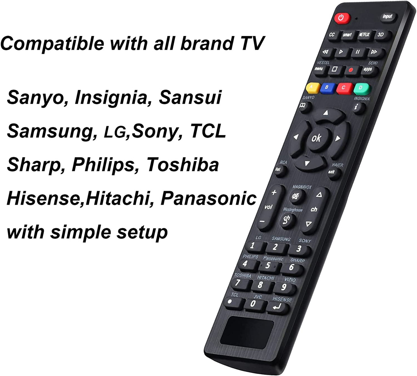 Universal Tv Remote for LG,Samsung, TCL, Philips, Vizio, Sharp, Sony, Panasonic, Sanyo, Insignia, Toshiba and Other Brands LCD LED 3D HDTV Smart TV Remote Control