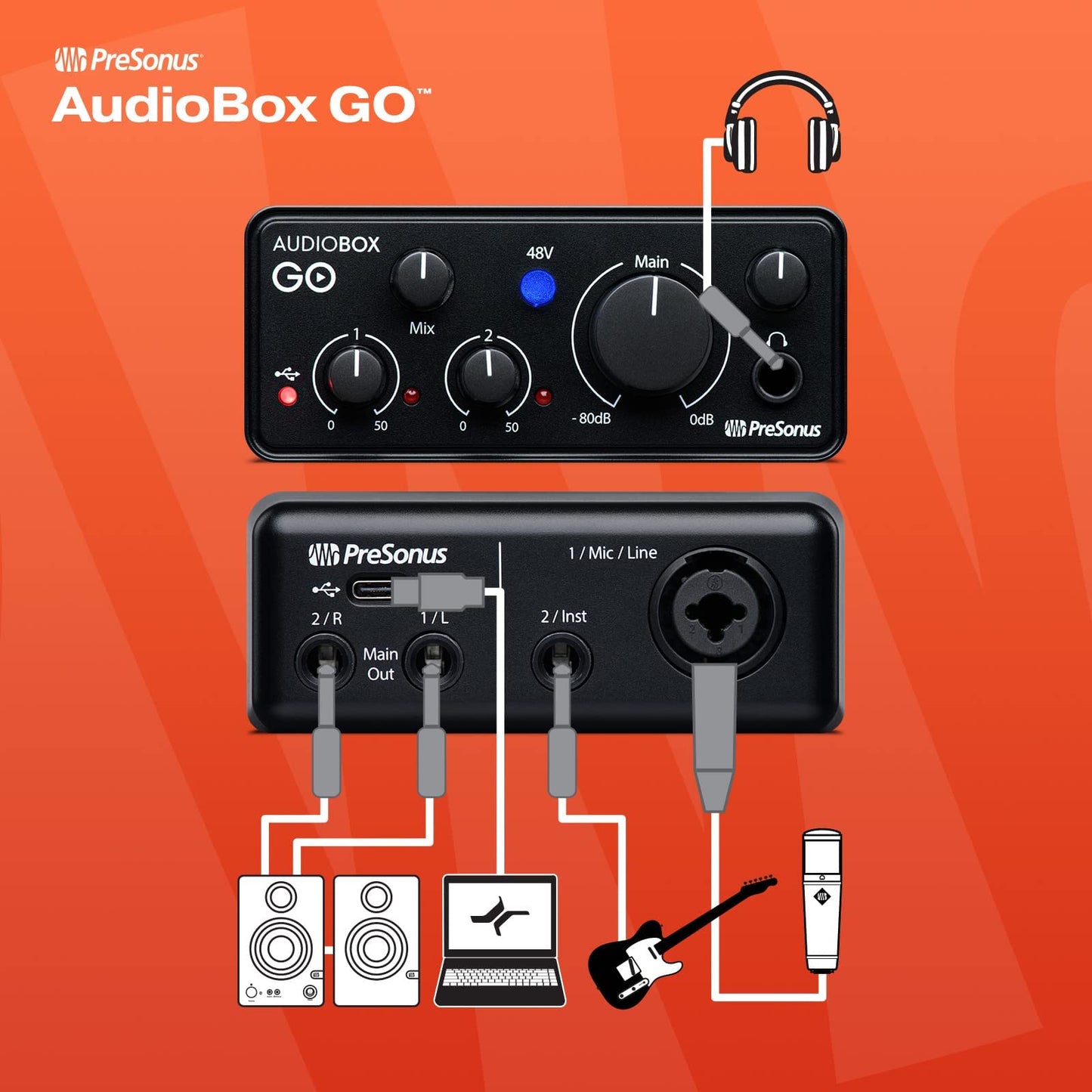 PreSonus AudioBox GO | USB-C Audio Interface for music production with Studio One DAW Recording Software, Music Tutorials, Sound Samples and Virtual Instruments