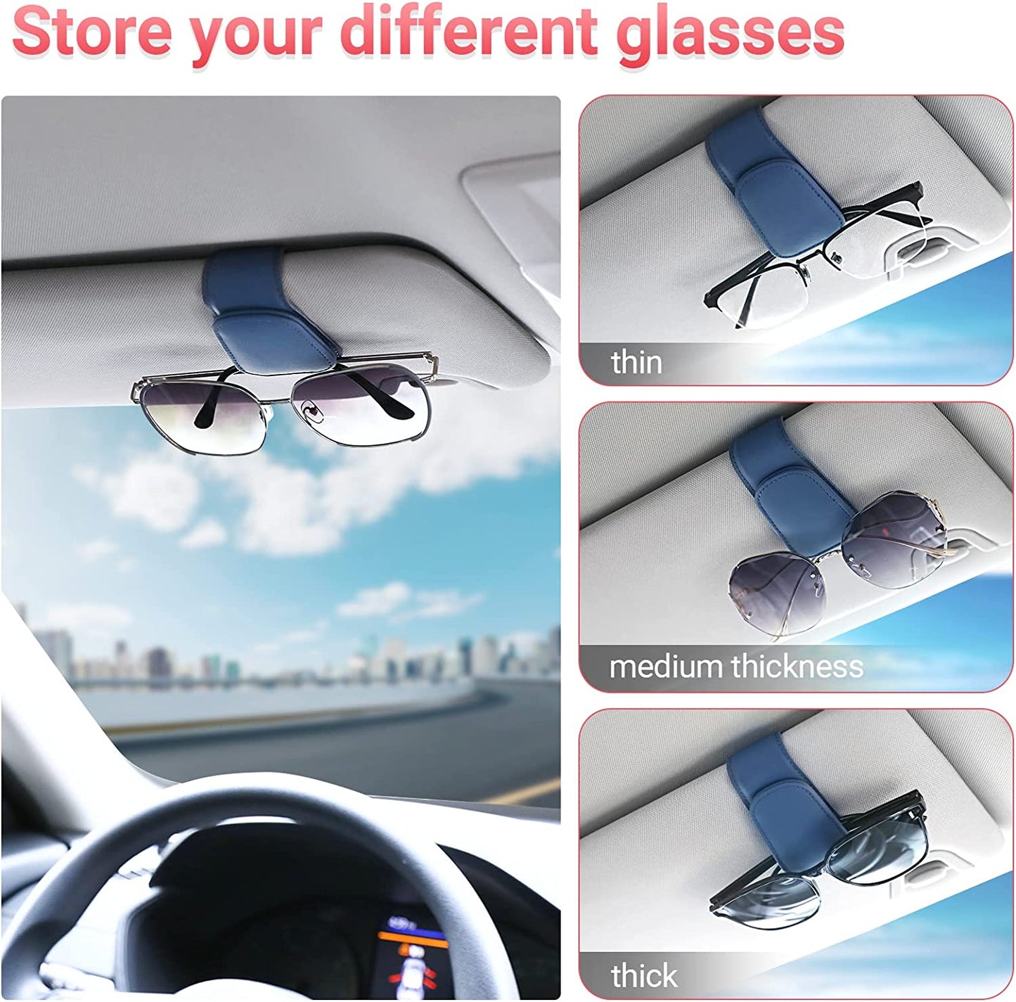 Sunglass Holder for Car Visor Sunglasses Clip Magnetic Leather Glasses Eyeglass Holder Truck Car Interior Accessories Universal for Woman Man -Black