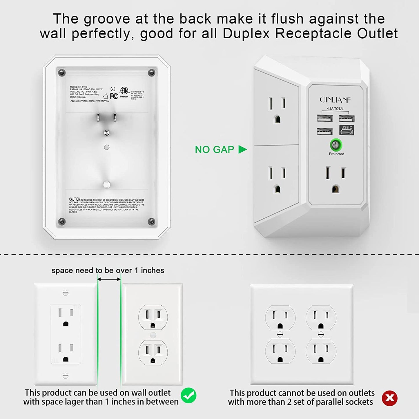 USB Wall Charger, Surge Protector, QINLIANF 5 Outlet Extender with 4 USB Charging Ports (4.8A Total) 3-Sided 1680J Power Strip Multi Plug Outlets Wall Adapter Spaced for Home Travel Office (3U1C)