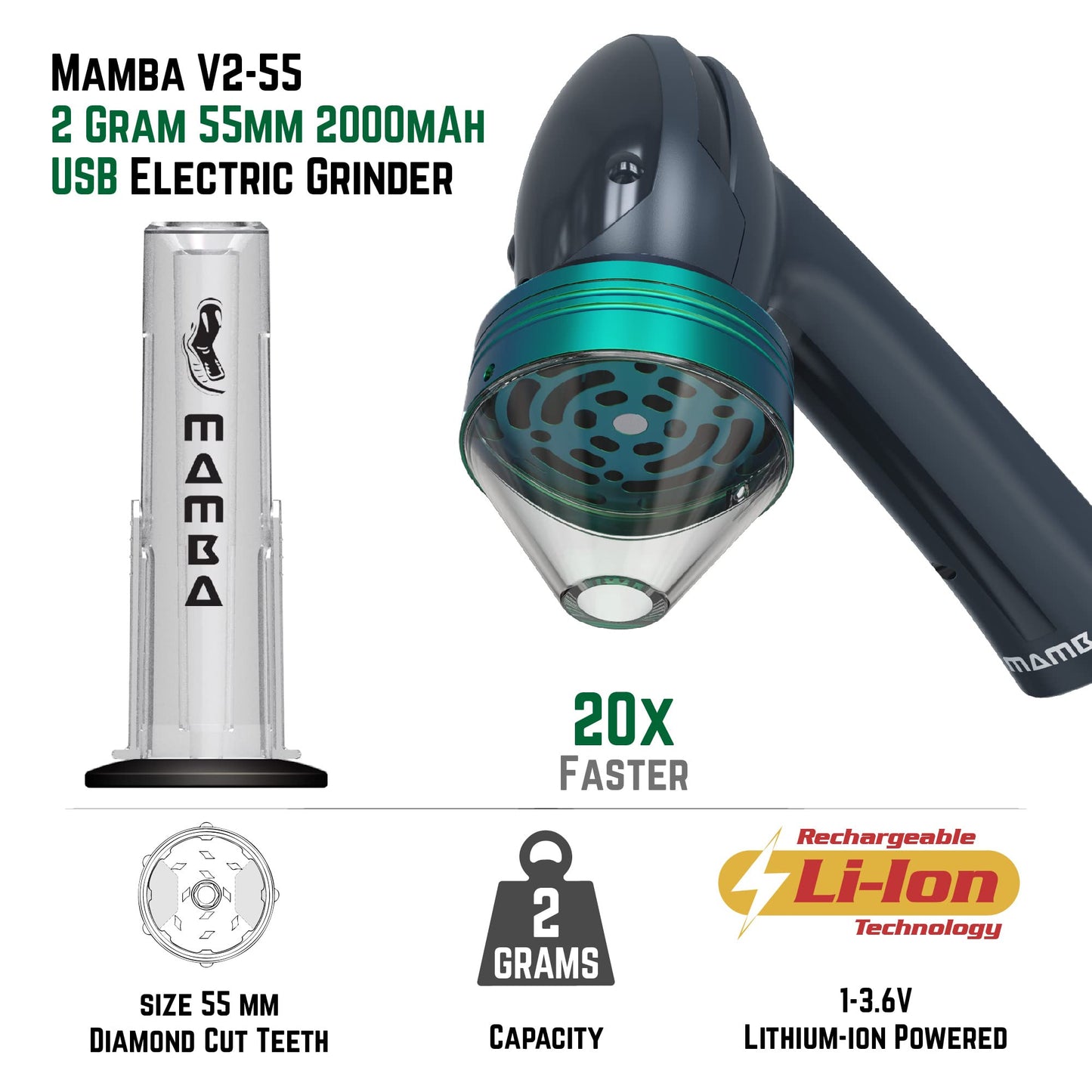 Mamba V2-55 Electric Herb Grinder, USB Rechargeable Automatic Grinder Fast Mill with Aluminum Alloy Head, includes Herb and Spices Holding System (Charcoal)