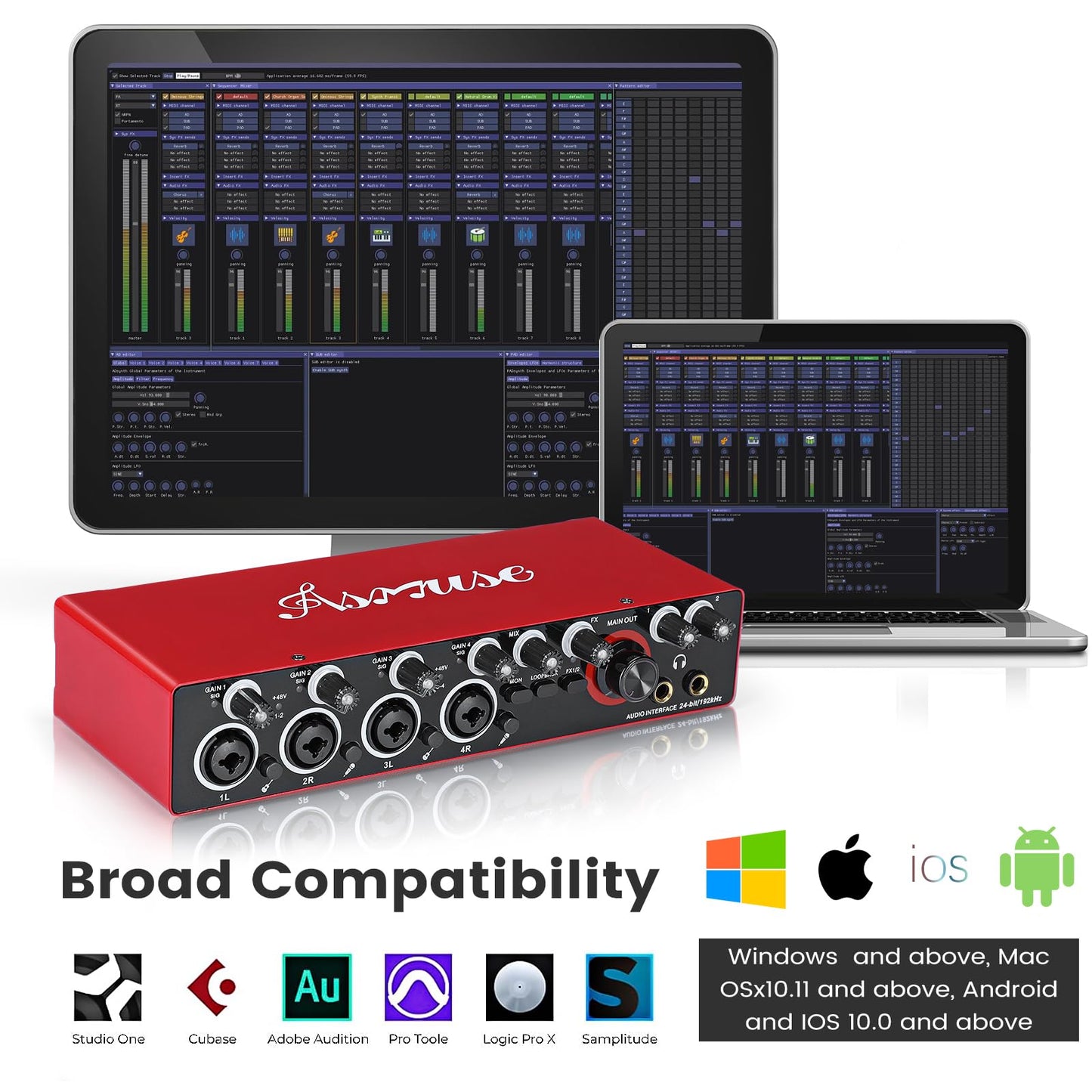 Asmuse 4 Channels USB Audio Interface, 24-bit/192 kHz High-Fidelity Audio Interfaces, Studio Quality Recording, Sound Card for Guitarist, Vocalist, Podcaster or Producer, Red