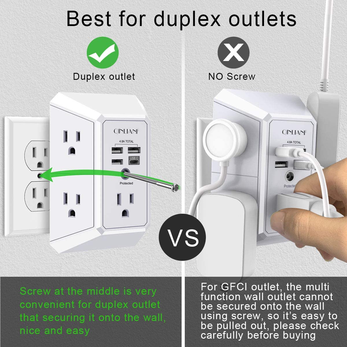 USB Wall Charger, Surge Protector, QINLIANF 5 Outlet Extender with 4 USB Charging Ports (4.8A Total) 3-Sided 1680J Power Strip Multi Plug Outlets Wall Adapter Spaced for Home Travel Office (3U1C)