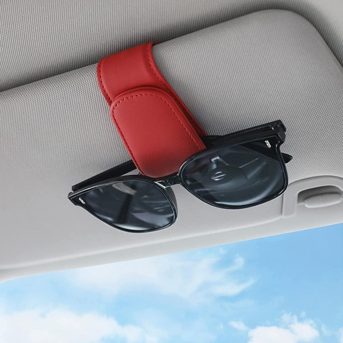 Sunglass Holder for Car Visor Sunglasses Clip Magnetic Leather Glasses Eyeglass Holder Truck Car Interior Accessories Universal for Woman Man -Black