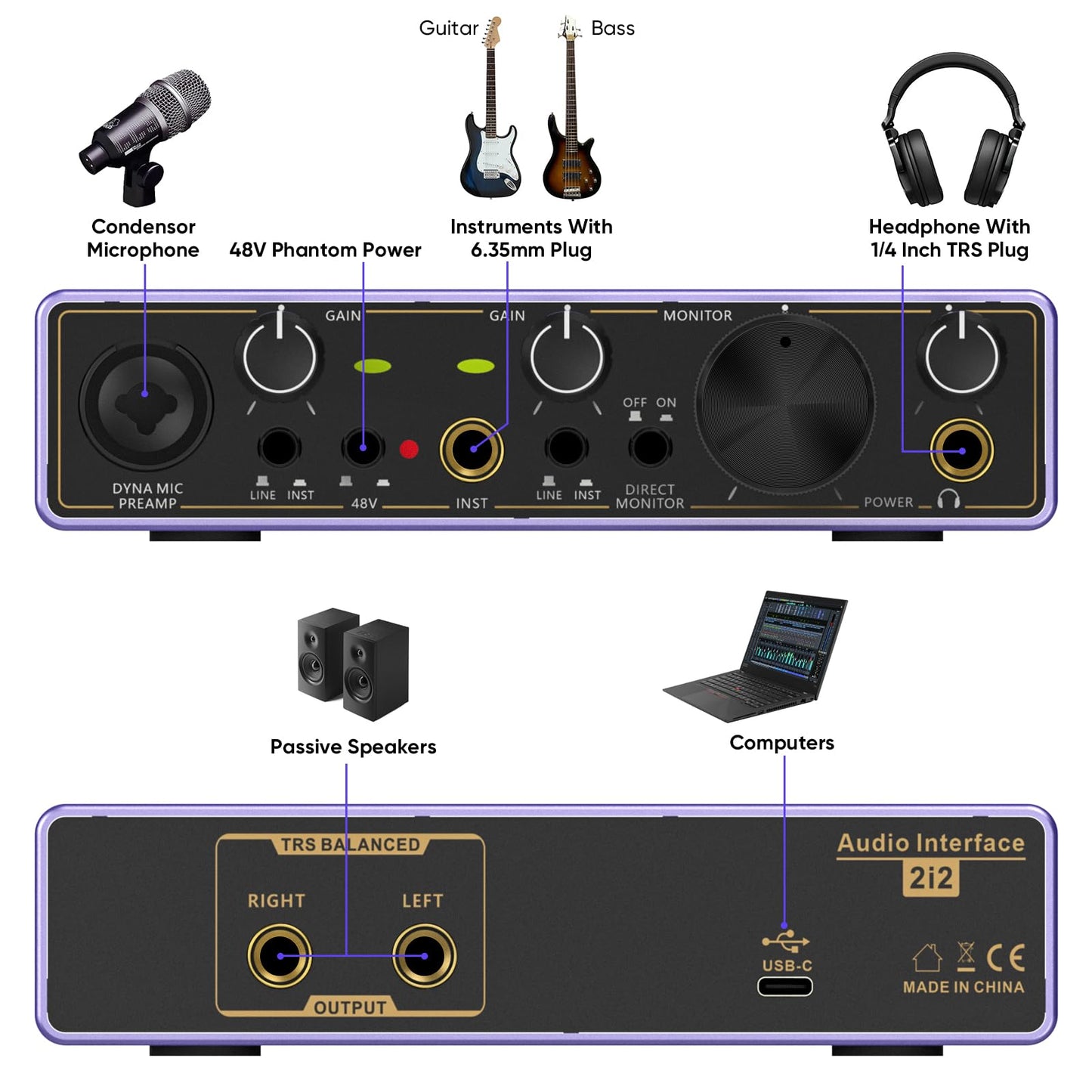 Ueteto 2i2 USB Audio Interface, Universal Audio Interface for PC, MAC/Music/Computer Recording and Podcasting with 48V Phantom Power