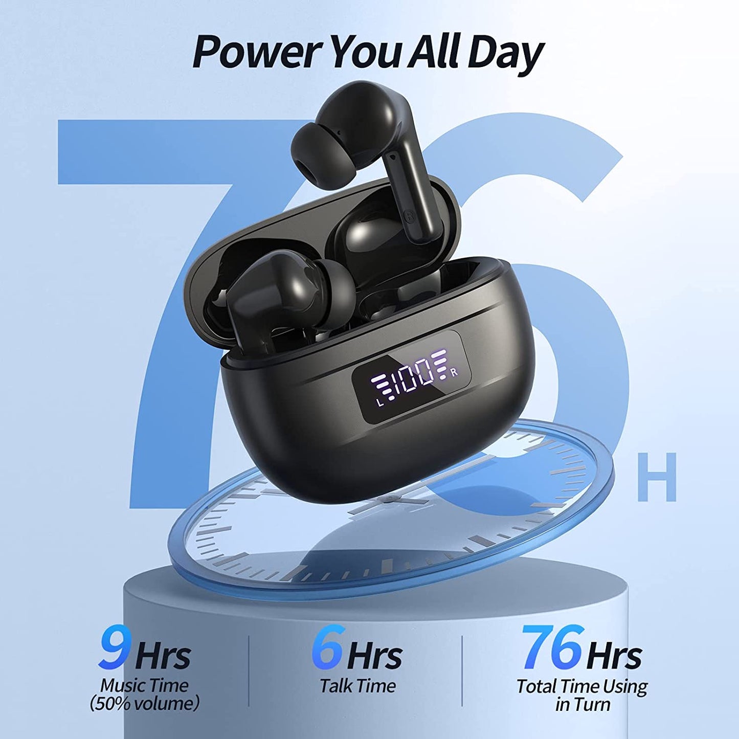 Wireless Earbuds 76H Playtime Bluetooth Earbuds Built in Noise Reduction Mic Clear Calls Bluetooth Headphones LED Power Display Charging Case Light Weight IPX7 Waterproof Earphones for Sports Workout