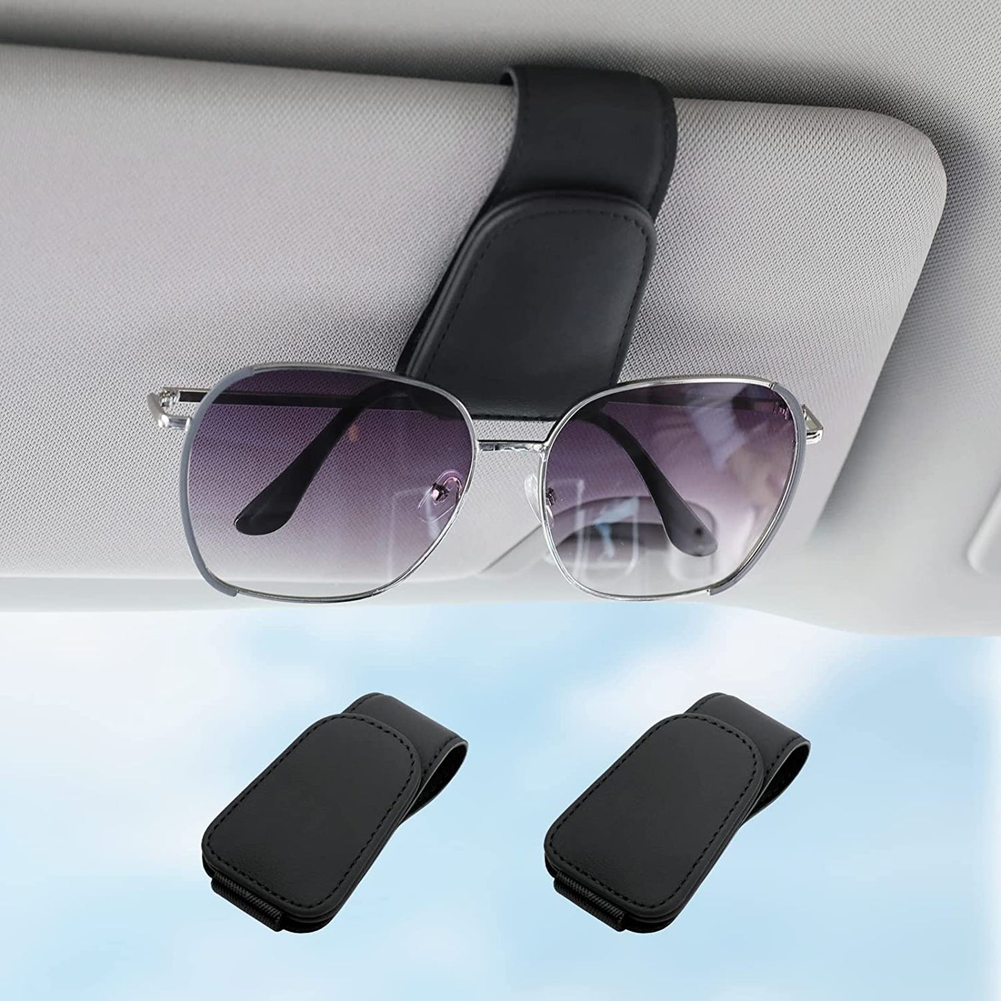 Sunglass Holder for Car Visor Sunglasses Clip Magnetic Leather Glasses Eyeglass Holder Truck Car Interior Accessories Universal for Woman Man -Black