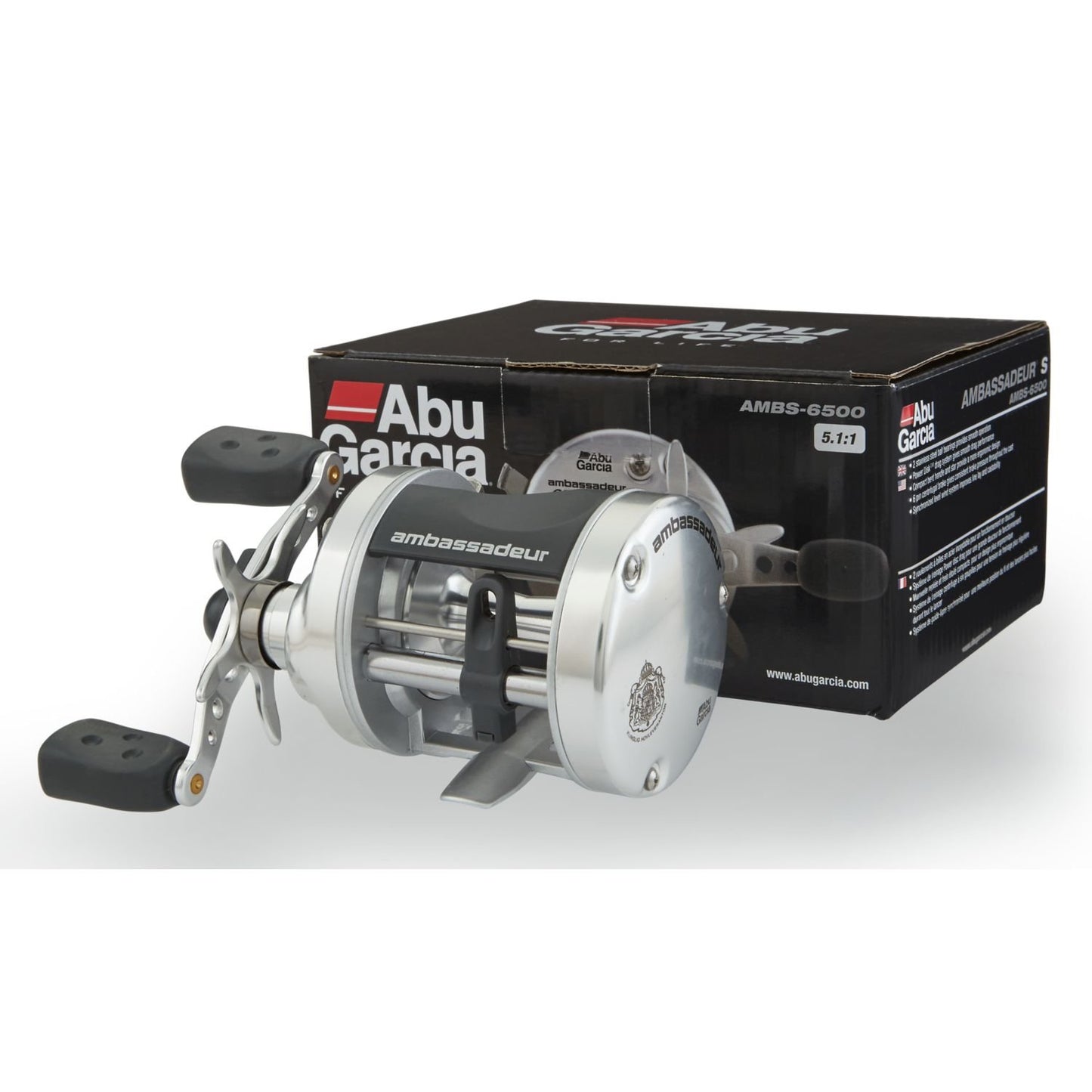 Abu Garcia Ambassadeur S Conventional Reel, Size 5500 (1292732), 1 Stainless Steel Ball Bearings + 1 Roller Bearing, Synthetic Star Drag, Max of 11lb | 4.9kg,Silver