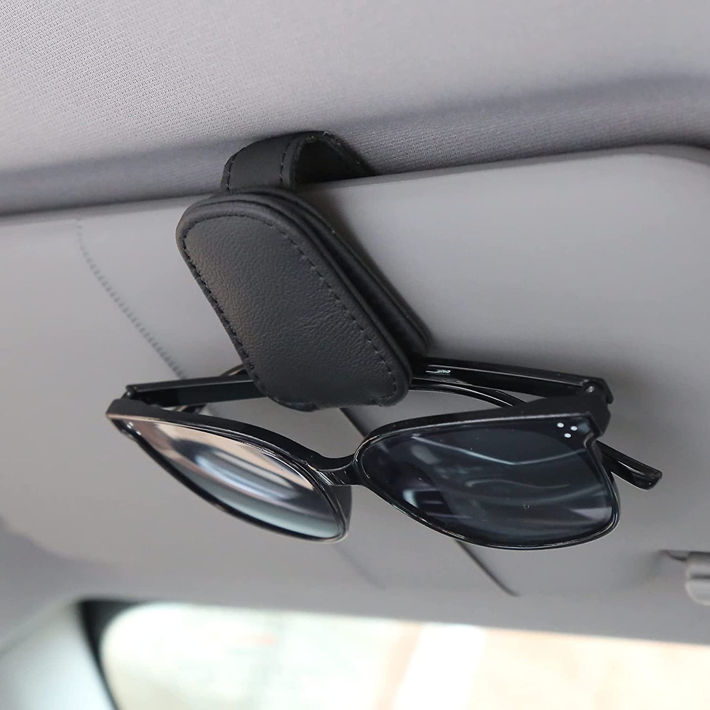 Sunglasses Holders for Car Sun Visor, Magnetic Leather Glasses Eyeglass Hanger Clip for Car, Ticket Card Clip Eyeglasses Mount, Car Visor Accessories(Black)