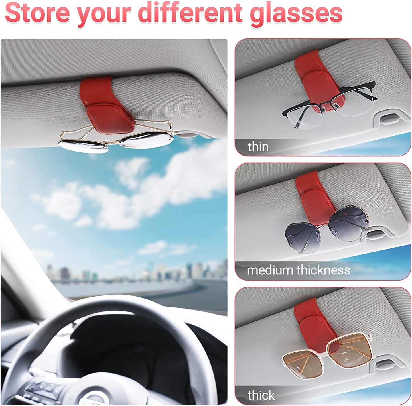 Sunglass Holder for Car Visor Sunglasses Clip Magnetic Leather Glasses Eyeglass Holder Truck Car Interior Accessories Universal for Woman Man -Black