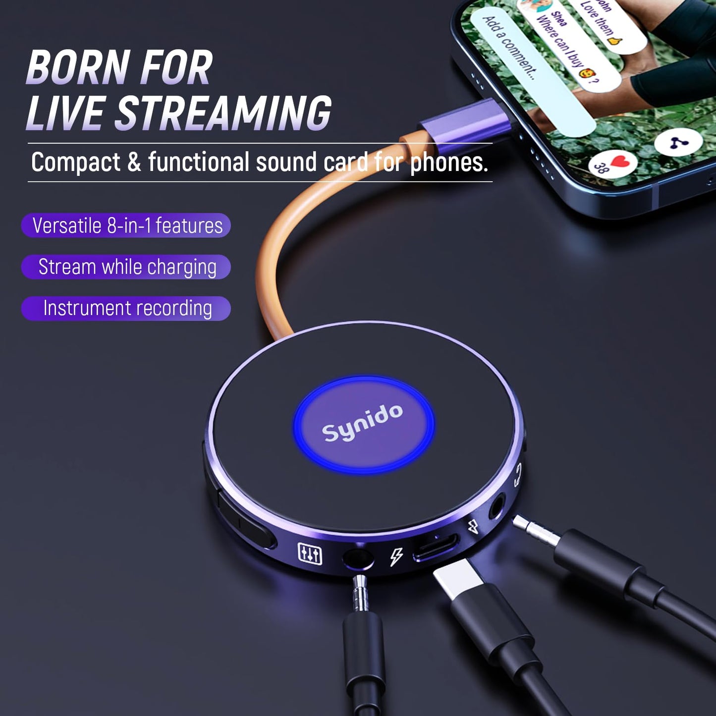 Synido Audio Interface Portable Music Recording Audio Interface 24-bit 48 kHz Live Streaming while Charging Comes with Cable USB Audio Converter for iPhone, iPad, Android, Mac and PC