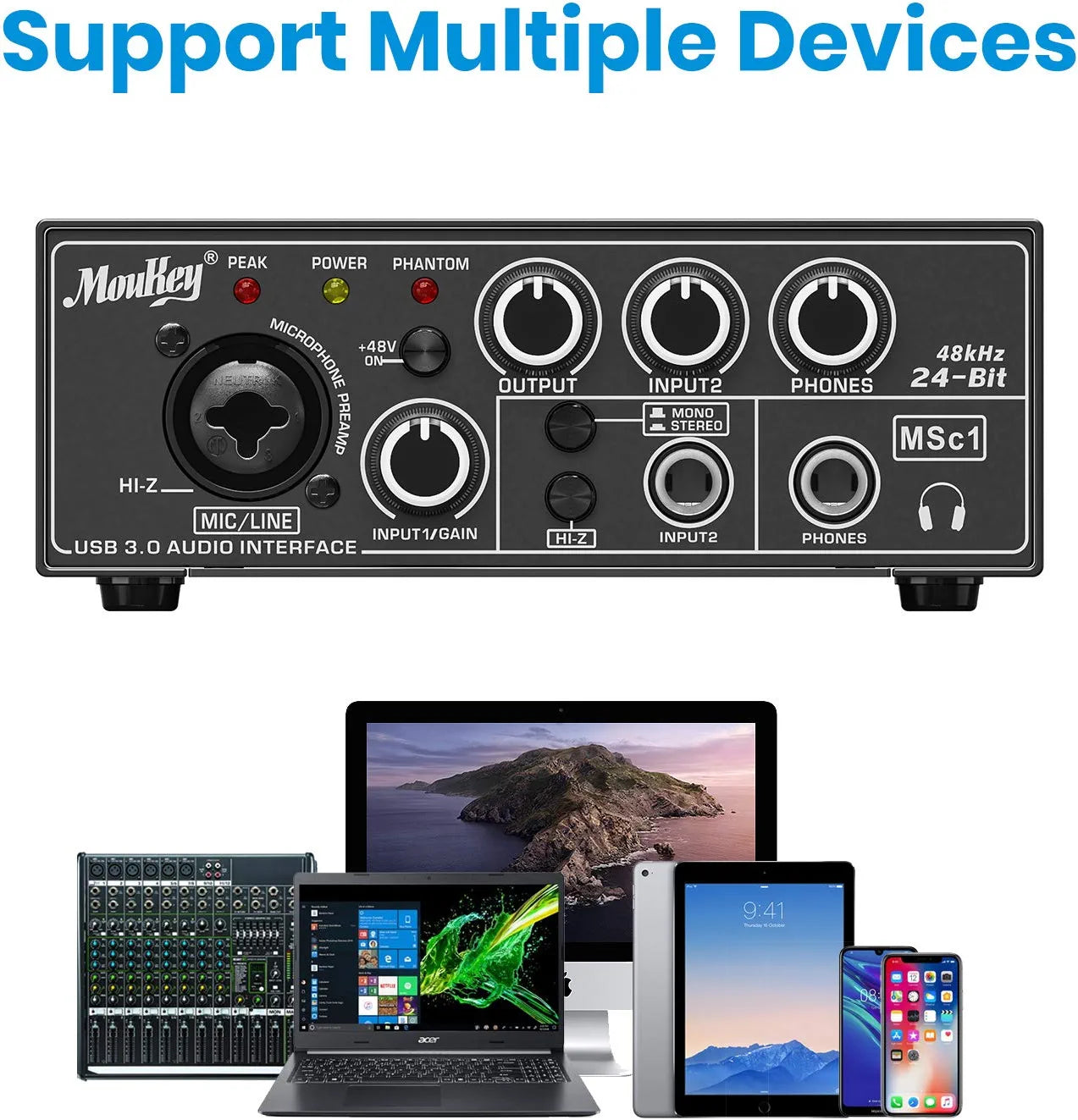 Moukey USB 3.0 Audio Interface, Microphone Preamps with 48V Phantom Power, 24 Bit, Support Smartphone, Tablet, Computer and Other Equipment Recording - MSc1