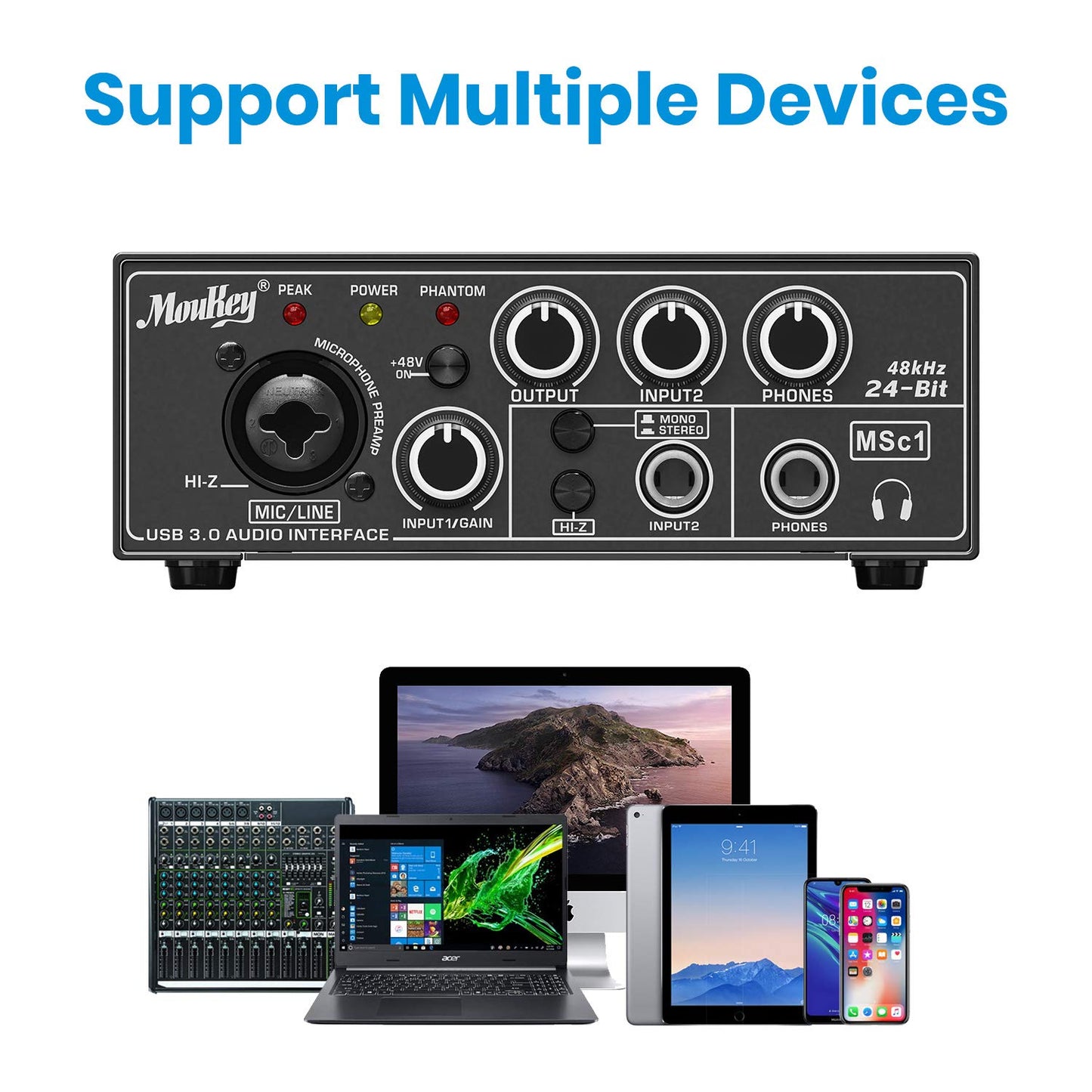 Moukey USB 3.0 Audio Interface, Microphone Preamps with 48V Phantom Power, 24 Bit, Support Smartphone, Tablet, Computer and Other Equipment Recording - MSc1