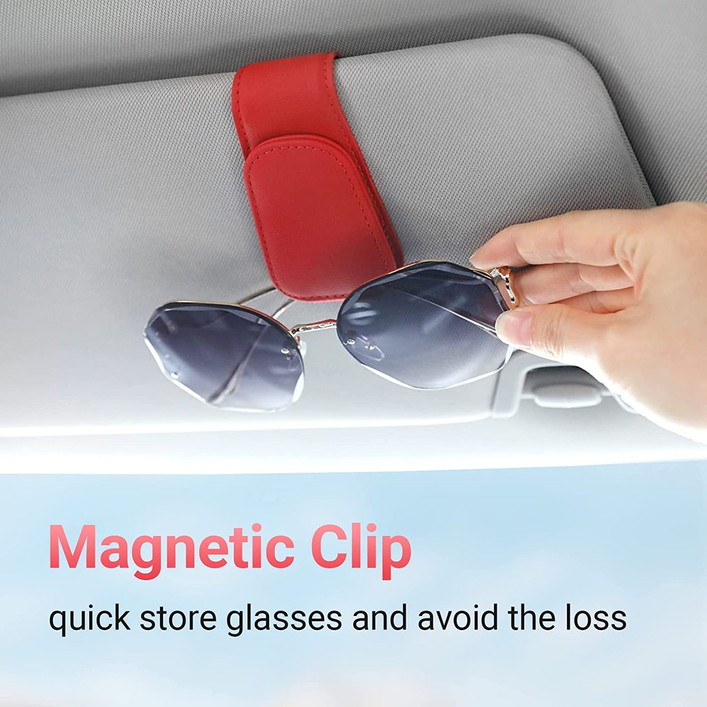 Sunglass Holder for Car Visor Sunglasses Clip Magnetic Leather Glasses Eyeglass Holder Truck Car Interior Accessories Universal for Woman Man -Black