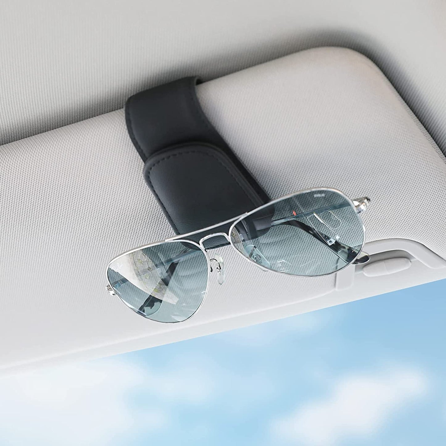 Sunglass Holder for Car Visor Sunglasses Clip Magnetic Leather Glasses Eyeglass Holder Truck Car Interior Accessories Universal for Woman Man -Black