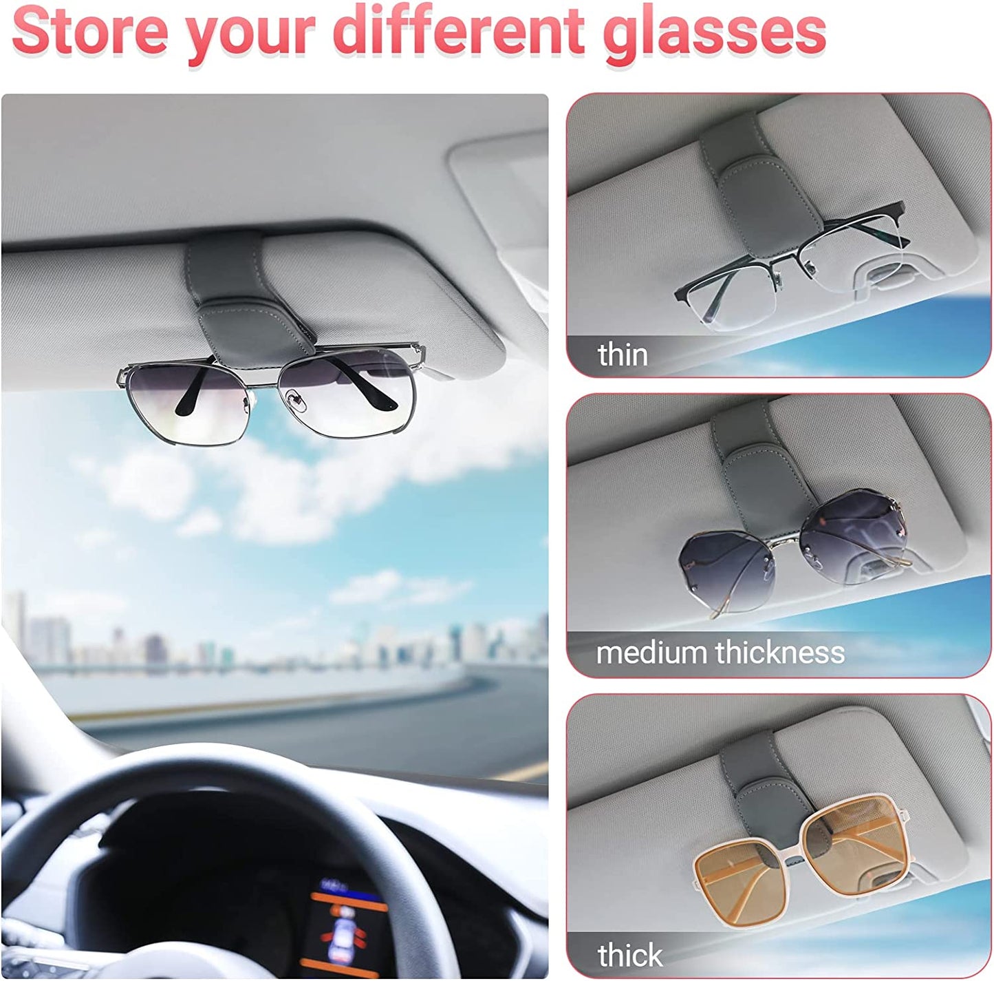 Sunglass Holder for Car Visor Sunglasses Clip Magnetic Leather Glasses Eyeglass Holder Truck Car Interior Accessories Universal for Woman Man -Black