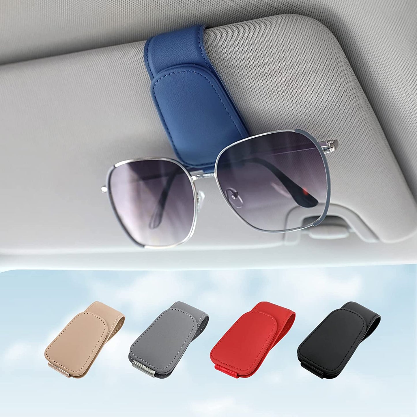 Sunglass Holder for Car Visor Sunglasses Clip Magnetic Leather Glasses Eyeglass Holder Truck Car Interior Accessories Universal for Woman Man -Black