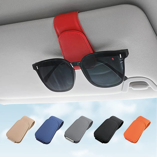 Sunglass Holder for Car Visor Sunglasses Clip Magnetic Leather Glasses Eyeglass Holder Truck Car Interior Accessories Universal for Woman Man -Black