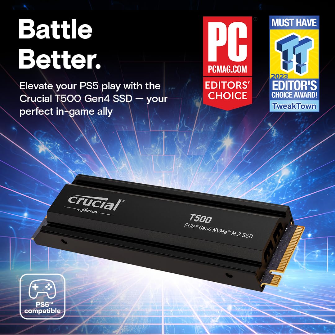 Crucial T500 2TB Gen4 NVMe M.2 Internal Gaming SSD with Heatsink, Up to 7400MB/s, Playstation 5 Compatible + 1mo Adobe CC All Apps- CT2000T500SSD5