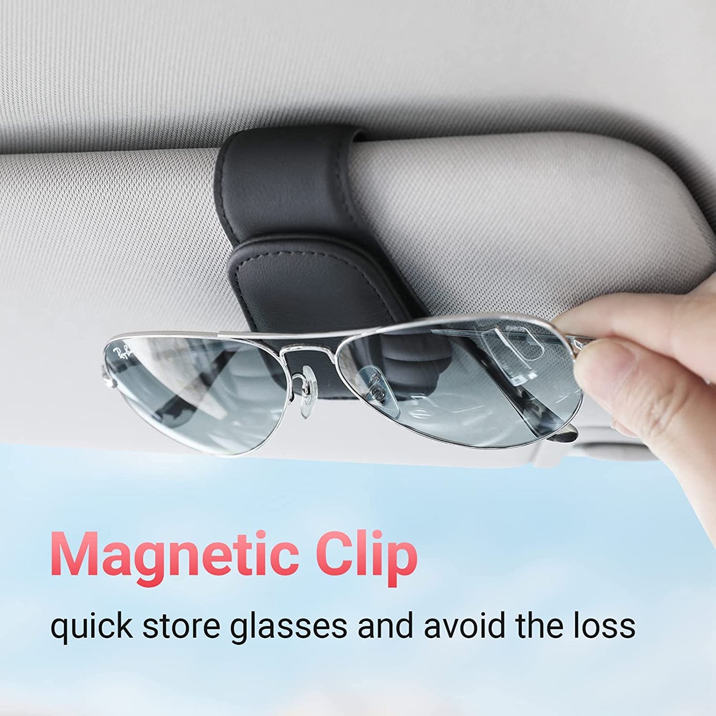 Sunglass Holder for Car Visor Sunglasses Clip Magnetic Leather Glasses Eyeglass Holder Truck Car Interior Accessories Universal for Woman Man -Black