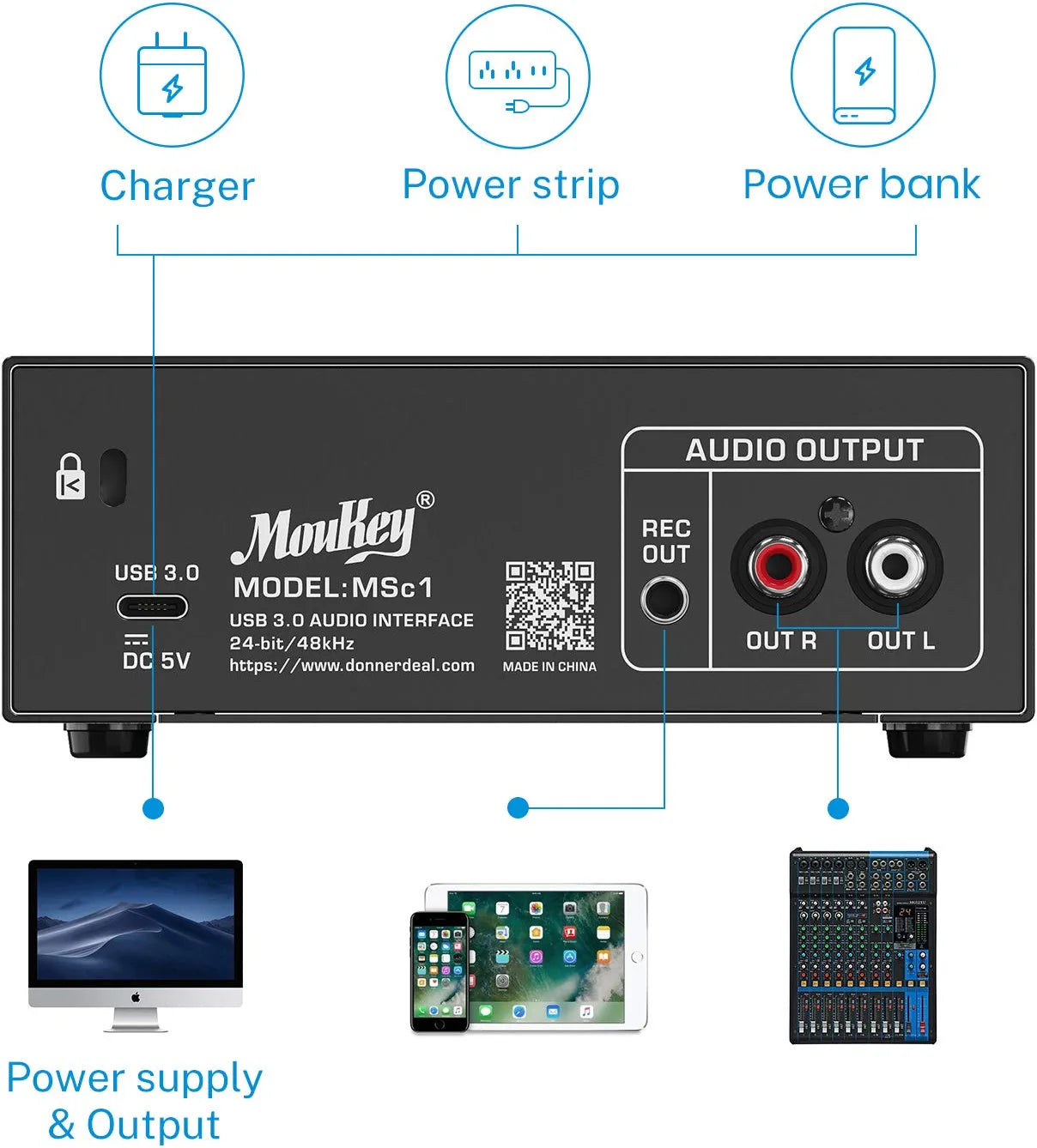 Moukey USB 3.0 Audio Interface, Microphone Preamps with 48V Phantom Power, 24 Bit, Support Smartphone, Tablet, Computer and Other Equipment Recording - MSc1