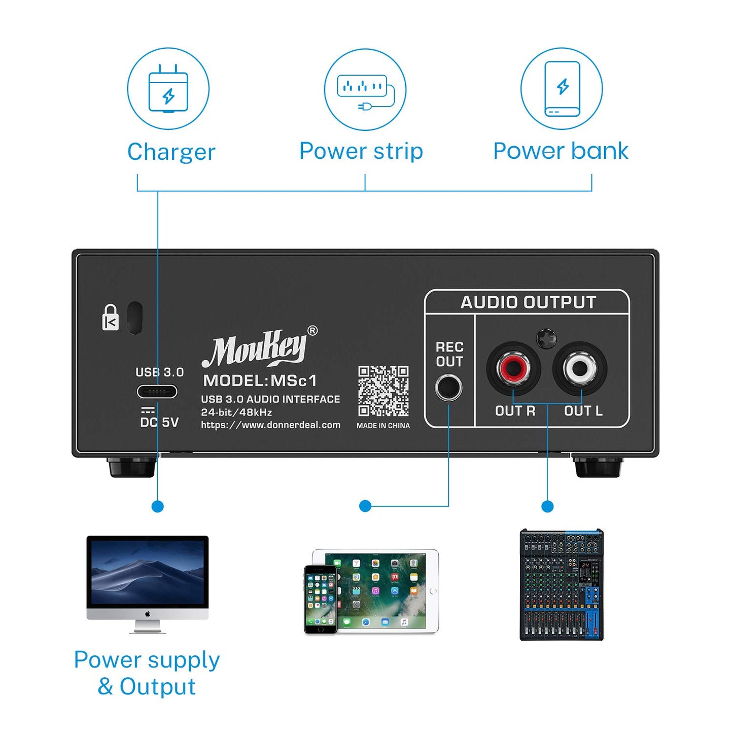 Moukey USB 3.0 Audio Interface, Microphone Preamps with 48V Phantom Power, 24 Bit, Support Smartphone, Tablet, Computer and Other Equipment Recording - MSc1