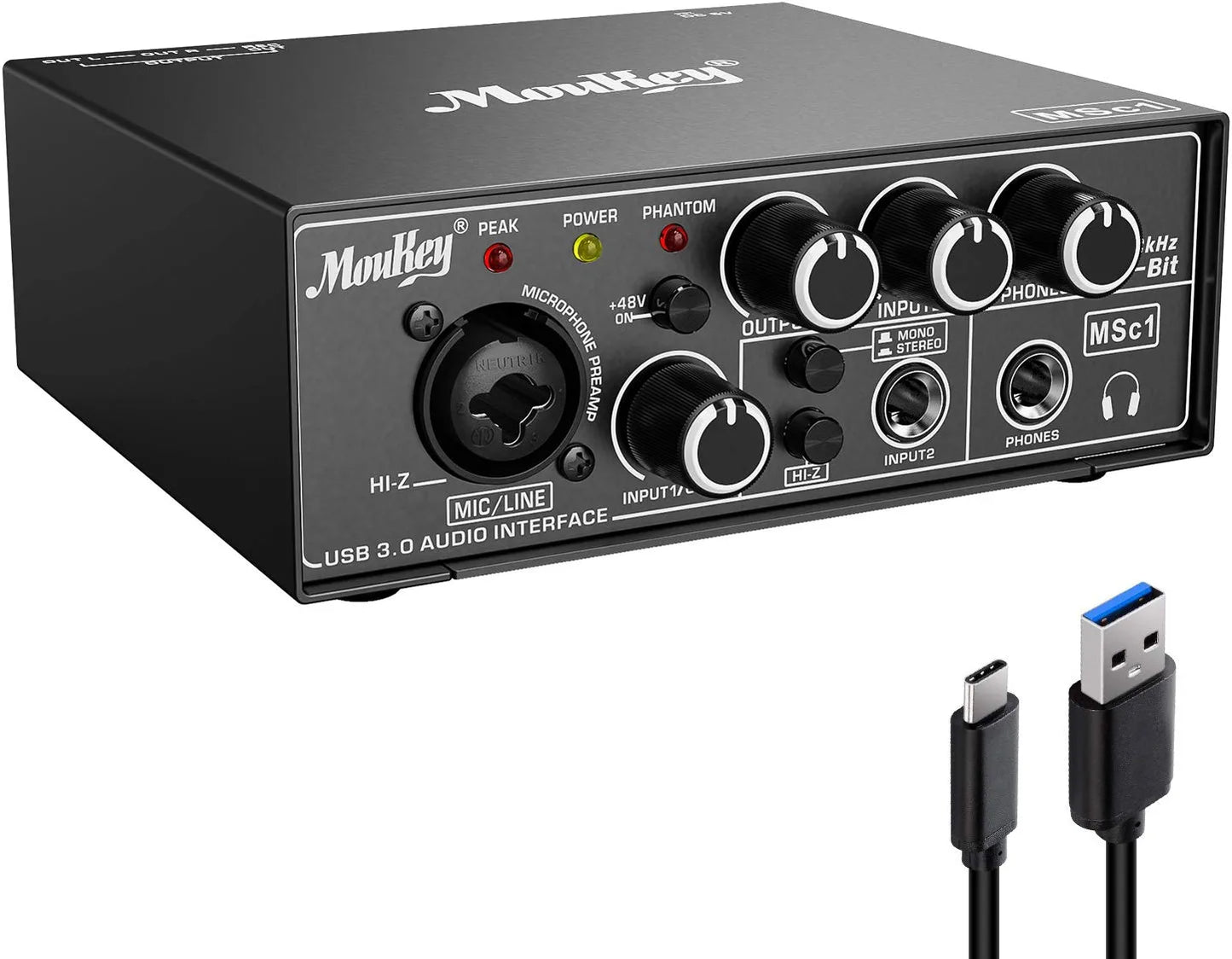 Moukey USB 3.0 Audio Interface, Microphone Preamps with 48V Phantom Power, 24 Bit, Support Smartphone, Tablet, Computer and Other Equipment Recording - MSc1