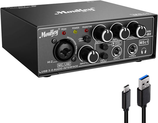 Moukey USB 3.0 Audio Interface, Microphone Preamps with 48V Phantom Power, 24 Bit, Support Smartphone, Tablet, Computer and Other Equipment Recording - MSc1