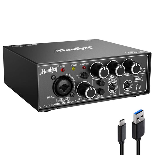 Moukey USB 3.0 Audio Interface, Microphone Preamps with 48V Phantom Power, 24 Bit, Support Smartphone, Tablet, Computer and Other Equipment Recording - MSc1