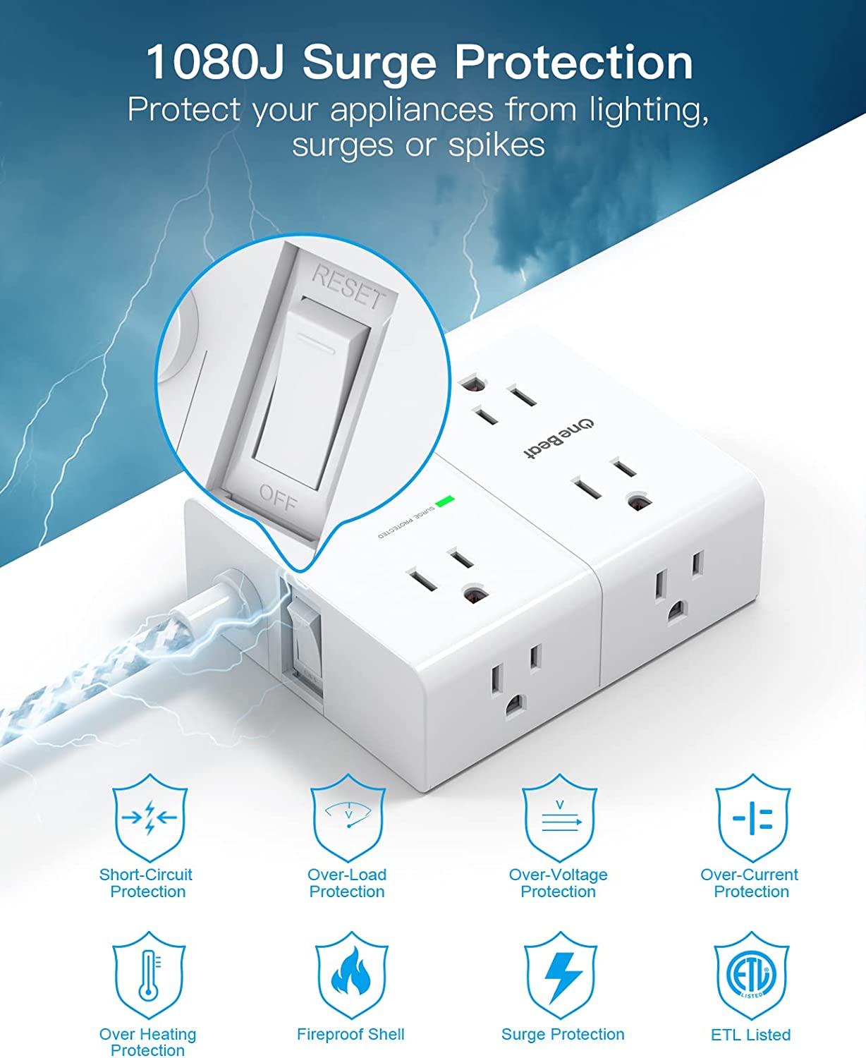 Power Strip Surge Protector with USB, 8 Widely Outlets 4 USB Ports 6Ft Extension Cord with Flat Plug, 3 Sided Wall Outlet Extender USB Desktop Charging Station for Home Office Travel Dorm, 900J