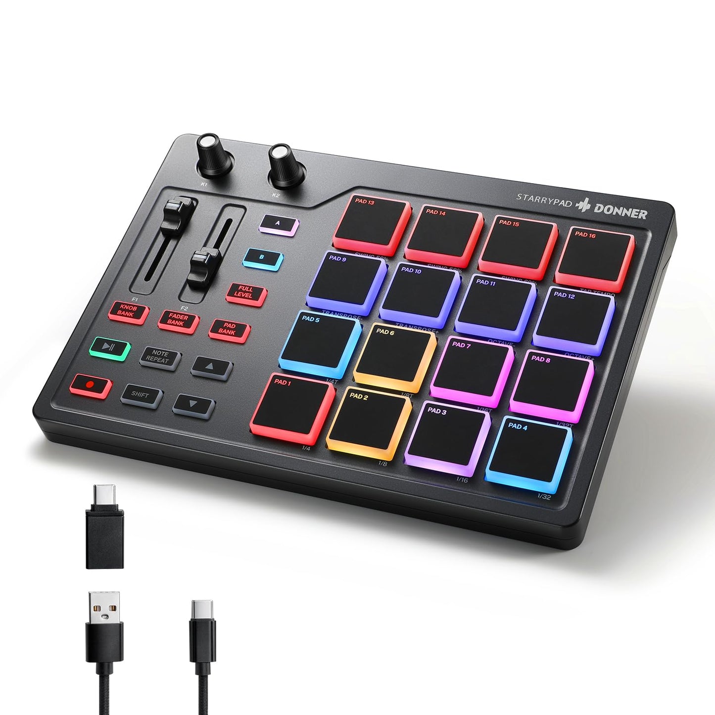 Donner MIDI Pad Beat Maker Machine Professional, Drum Machine with 16 Beat Pads, 2 Assignable Fader & Knobs and Music Production Software, USB MIDI Controller with 40 Free Courses, STARRYPAD