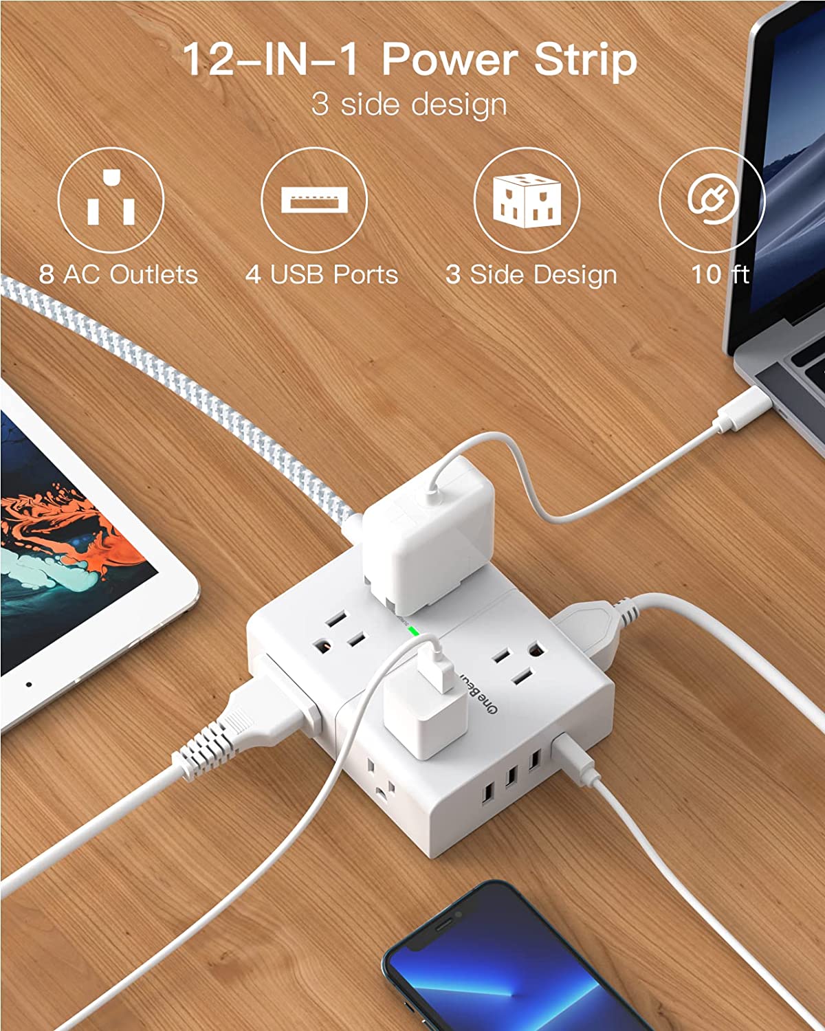 Power Strip Surge Protector with USB, 8 Widely Outlets 4 USB Ports 6Ft Extension Cord with Flat Plug, 3 Sided Wall Outlet Extender USB Desktop Charging Station for Home Office Travel Dorm, 900J