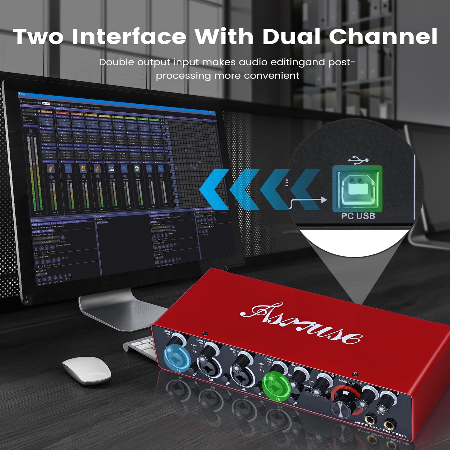 Asmuse 4 Channels USB Audio Interface, 24-bit/192 kHz High-Fidelity Audio Interfaces, Studio Quality Recording, Sound Card for Guitarist, Vocalist, Podcaster or Producer, Red