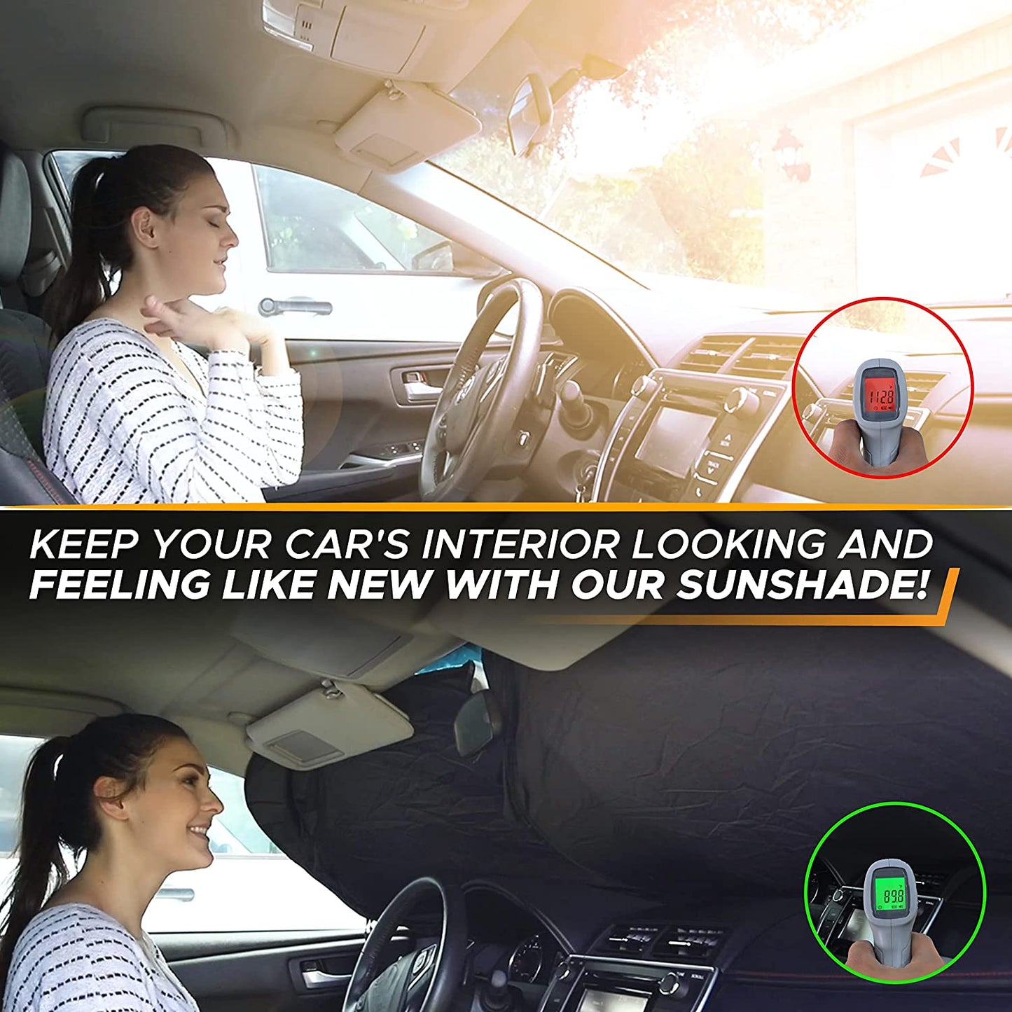 Car Windshield Sun Shade with Storage Pouch | Front Window Sun Protector for UV Rays & Sun Heat | Car Interior Accessories Fits Small Sedans, Mini SUVs and Hatchbacks | Standard (64x32 inches)