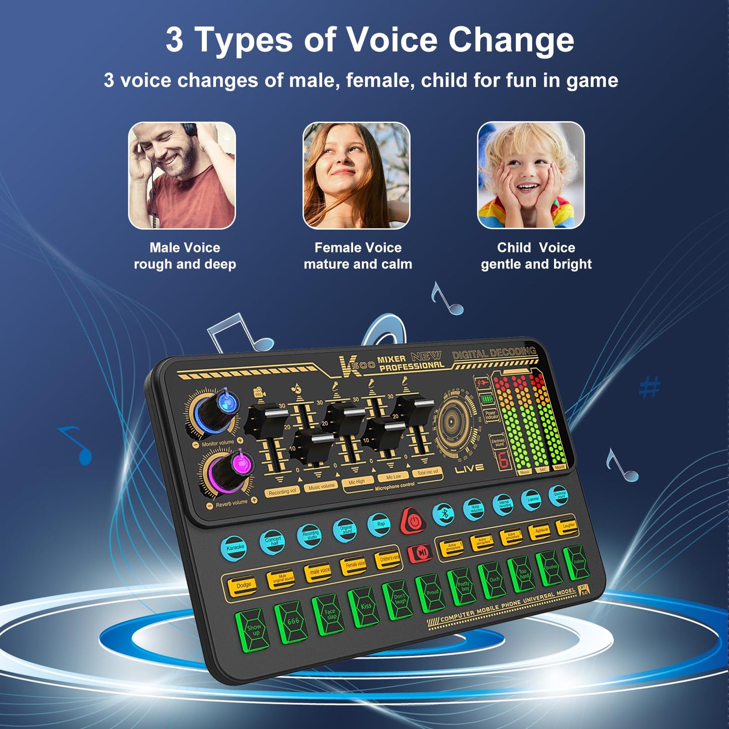 Hosabely Audio Mixer for Beginners, Basic Sound Board with Volume Fader, Voice Change, Sound Effects, LED Lights, Easy Operation Live Sound Card for Karaoke, Streaming, Recording, Gaming