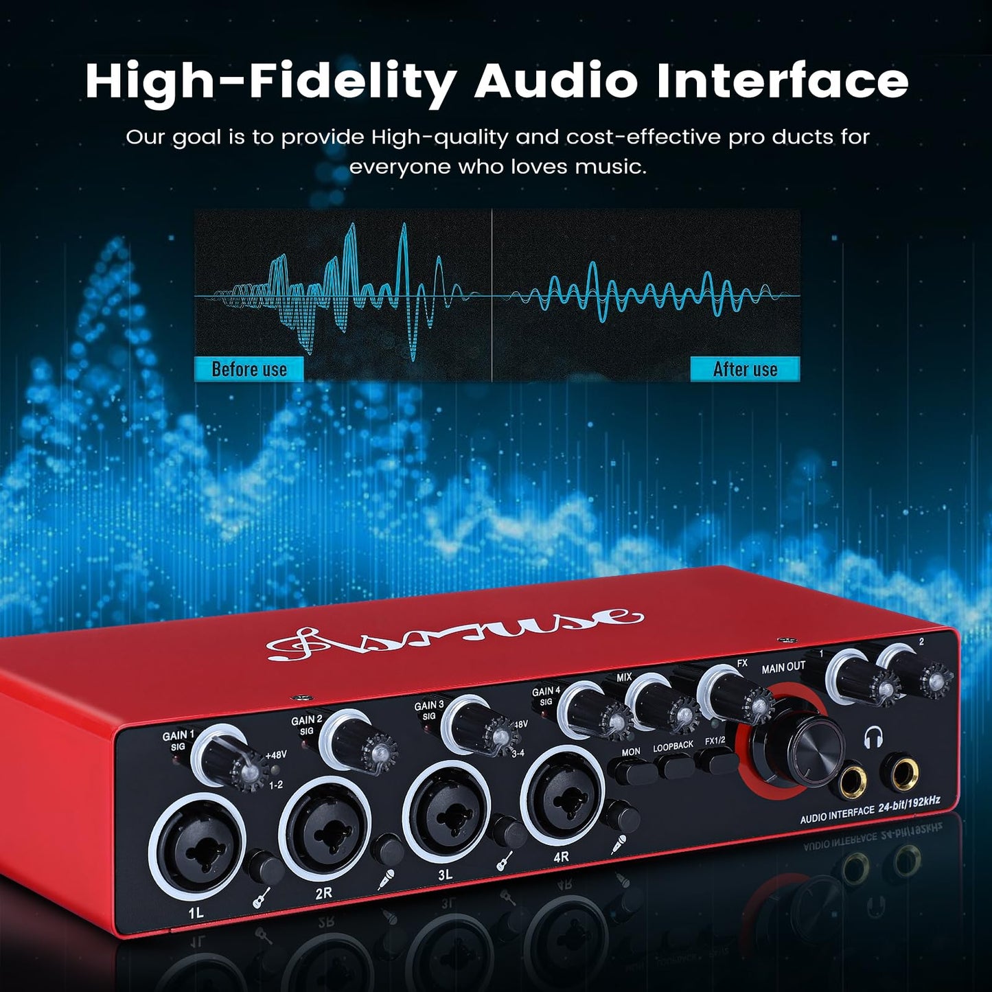 Asmuse 4 Channels USB Audio Interface, 24-bit/192 kHz High-Fidelity Audio Interfaces, Studio Quality Recording, Sound Card for Guitarist, Vocalist, Podcaster or Producer, Red