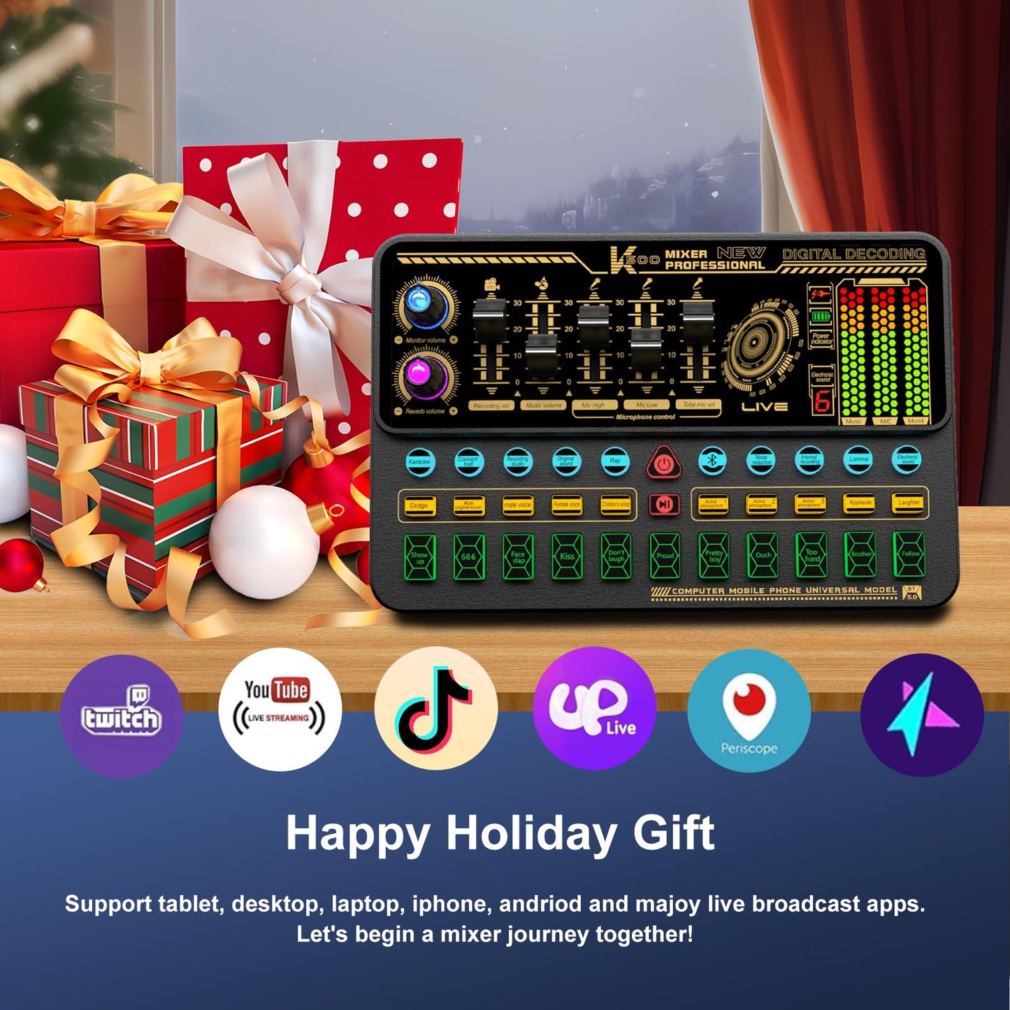 Hosabely Audio Mixer for Beginners, Basic Sound Board with Volume Fader, Voice Change, Sound Effects, LED Lights, Easy Operation Live Sound Card for Karaoke, Streaming, Recording, Gaming