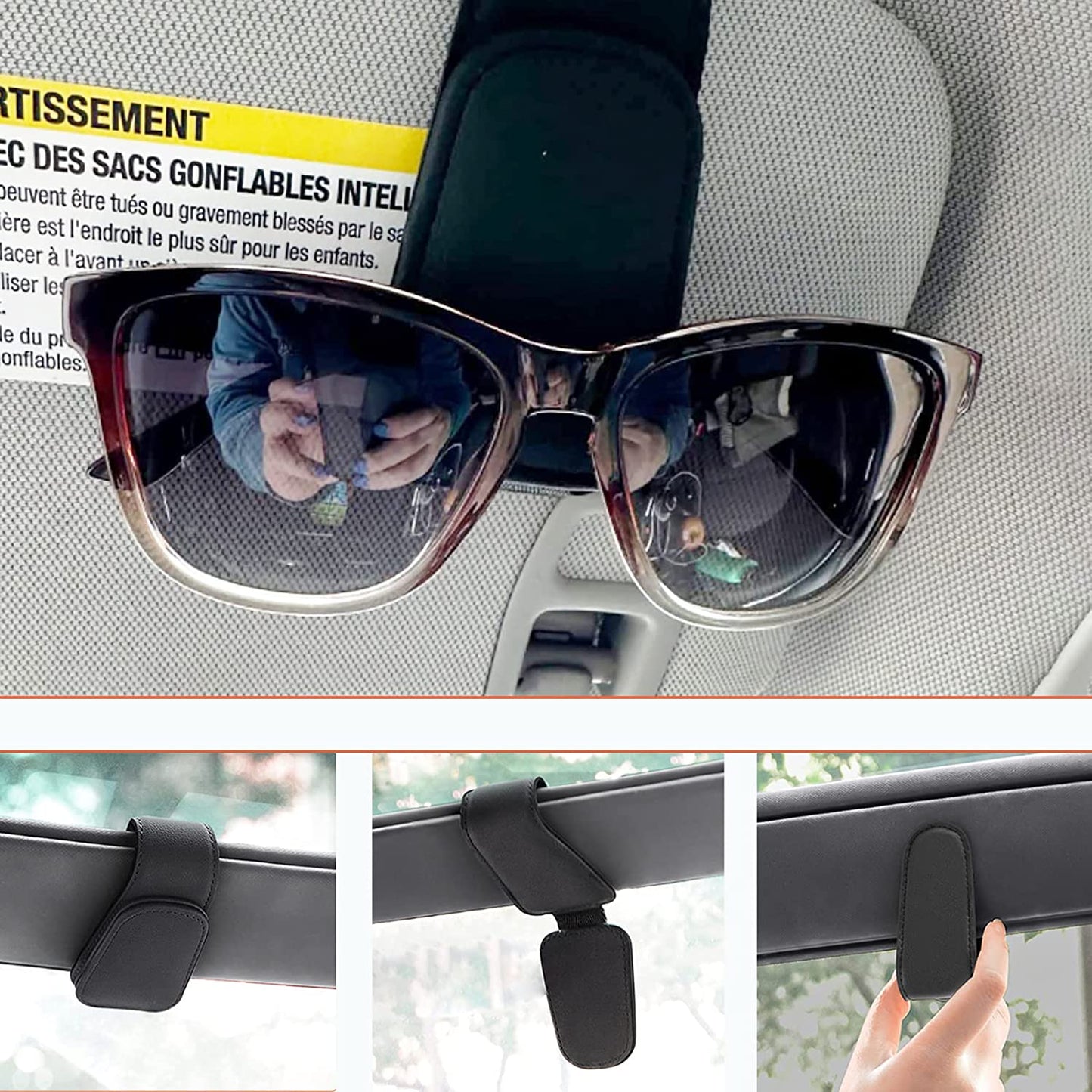 Luxury Sunglass Holder for Car Visor, Magnetic Clip Sunglasses Car Holder, Leather Glasses Holder Eyeglass Hanger Eyeglasses Mount, 2-Pack