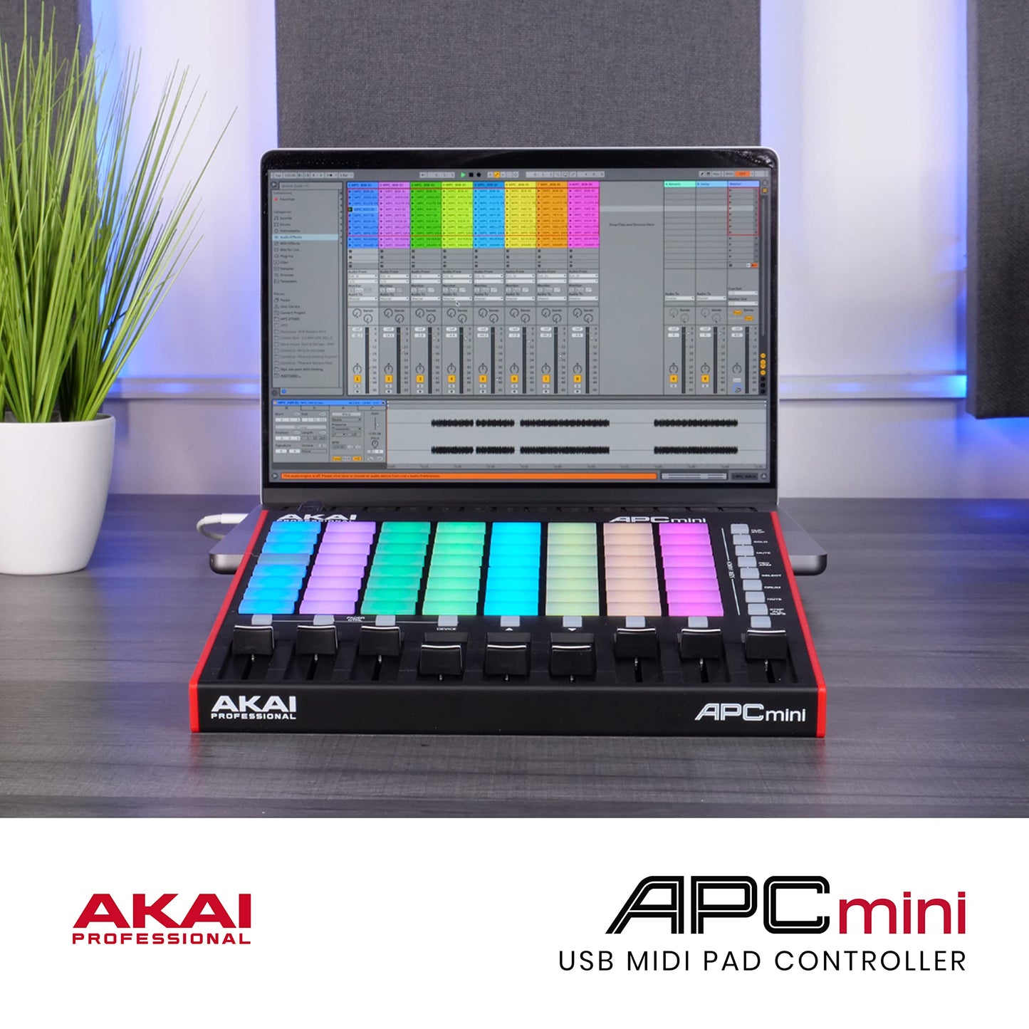 AKAI Professional APC Mini MK2 - USB MIDI Pad Controller for Clip Launching with Ableton Live Lite, 64 RGB Pads, Drum and Note Mode and MIDI Mixer,Black