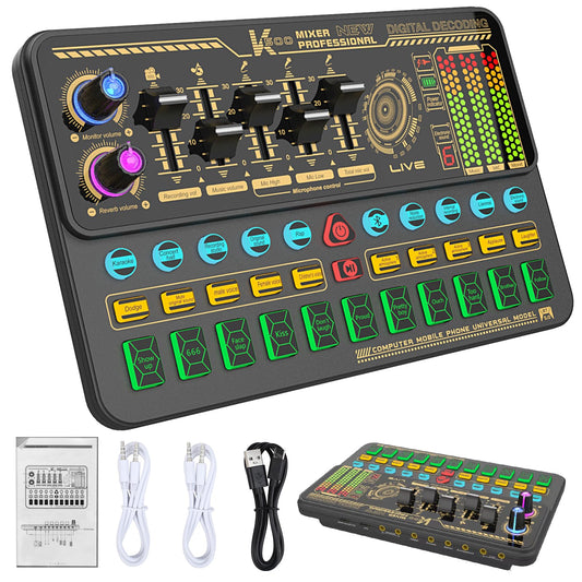 Hosabely Audio Mixer for Beginners, Basic Sound Board with Volume Fader, Voice Change, Sound Effects, LED Lights, Easy Operation Live Sound Card for Karaoke, Streaming, Recording, Gaming