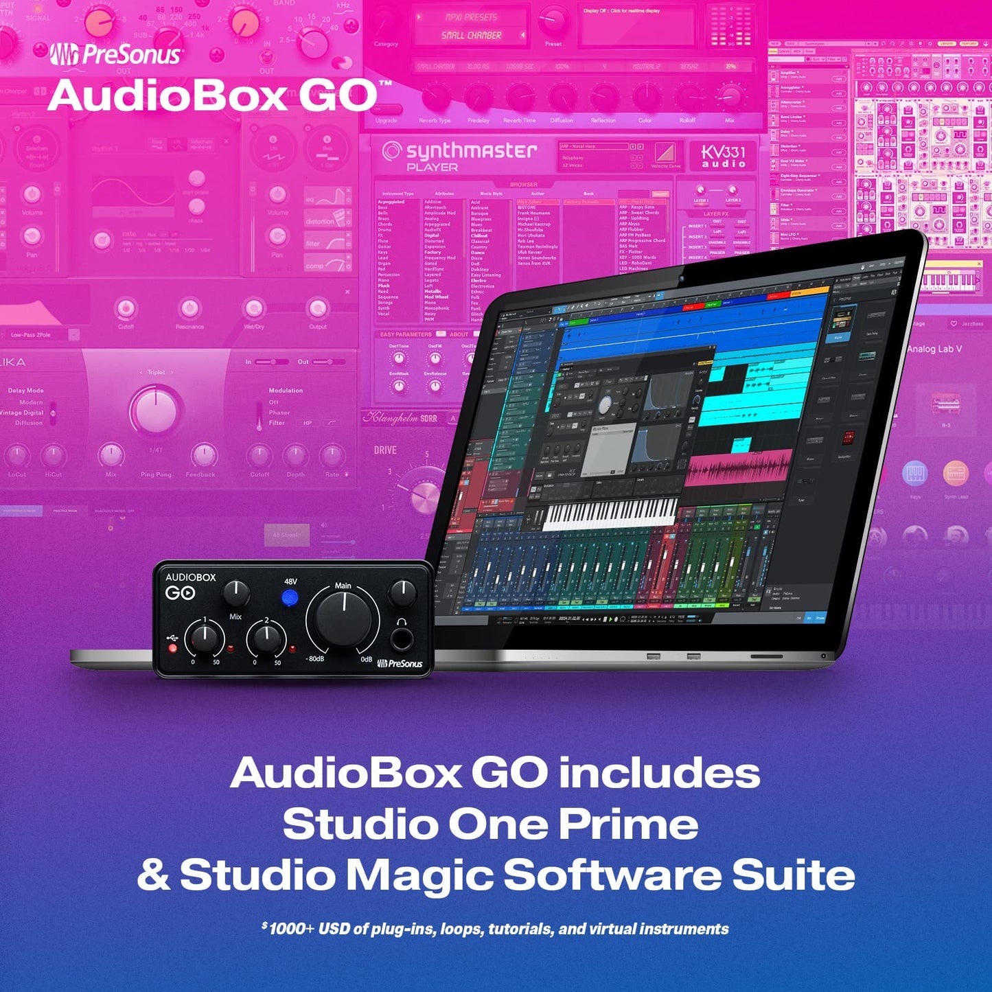 PreSonus AudioBox GO | USB-C Audio Interface for music production with Studio One DAW Recording Software, Music Tutorials, Sound Samples and Virtual Instruments