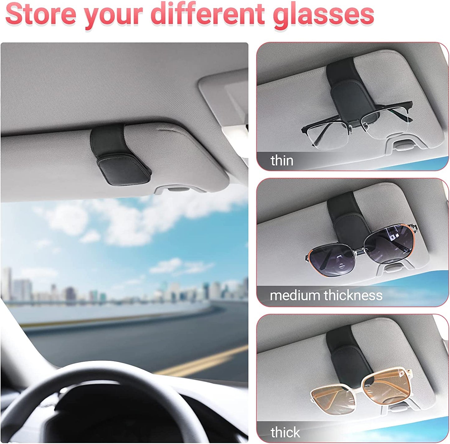 Sunglass Holder for Car Visor Sunglasses Clip Magnetic Leather Glasses Eyeglass Holder Truck Car Interior Accessories Universal for Woman Man -Black